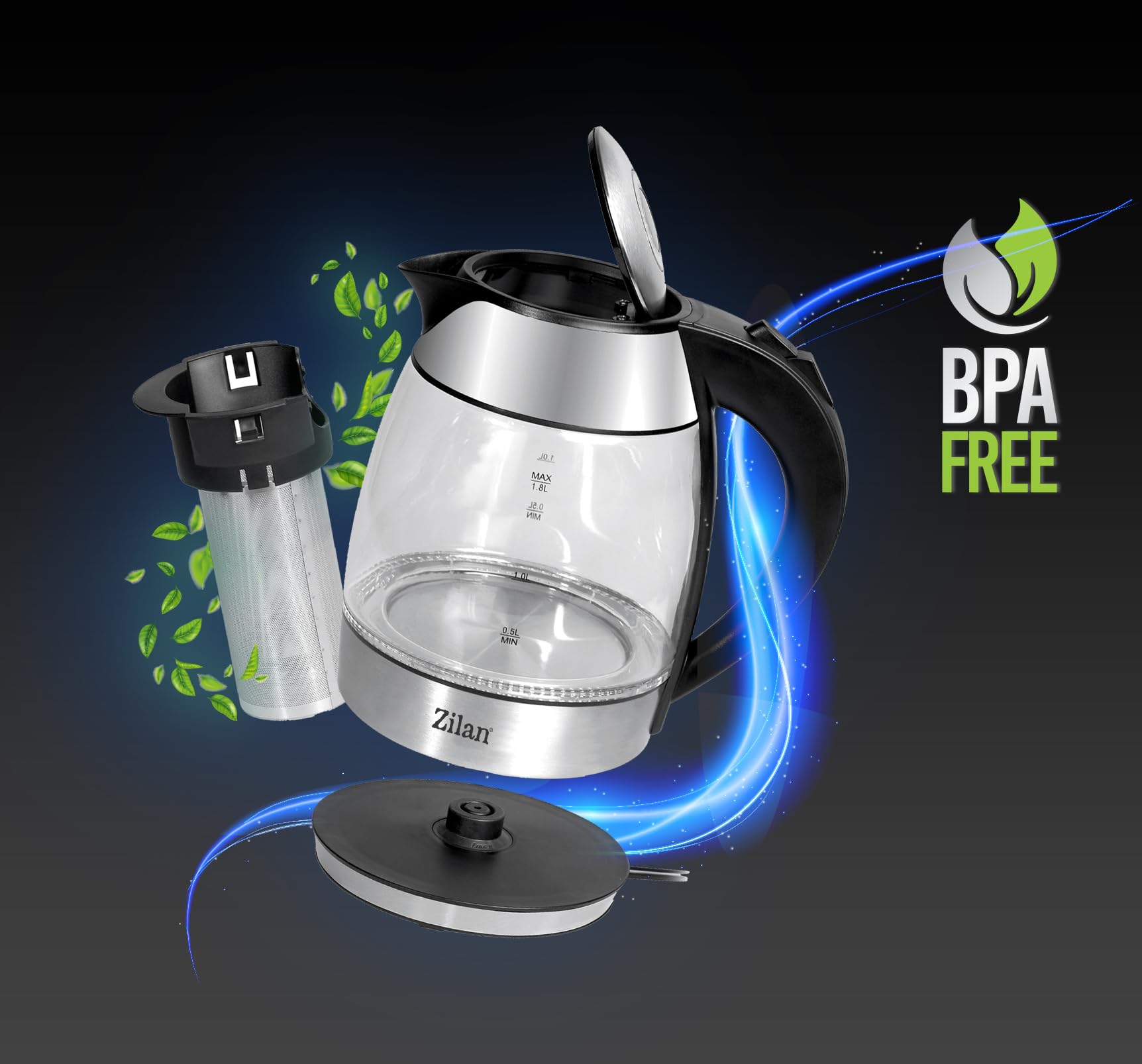 Zilan Bollitore in vetro con filtro, luce LED blu, capacità 1,8 litri, base rotante a 360°, protezione contro l'ebollizione a secco, 2200 Watt