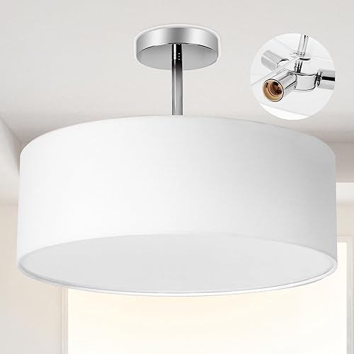 SomSom Lámpara de techo, pantalla colgante de tela moderna de montaje semiempotrado, pantalla de tambor blanco grande, lámpara colgante redonda,