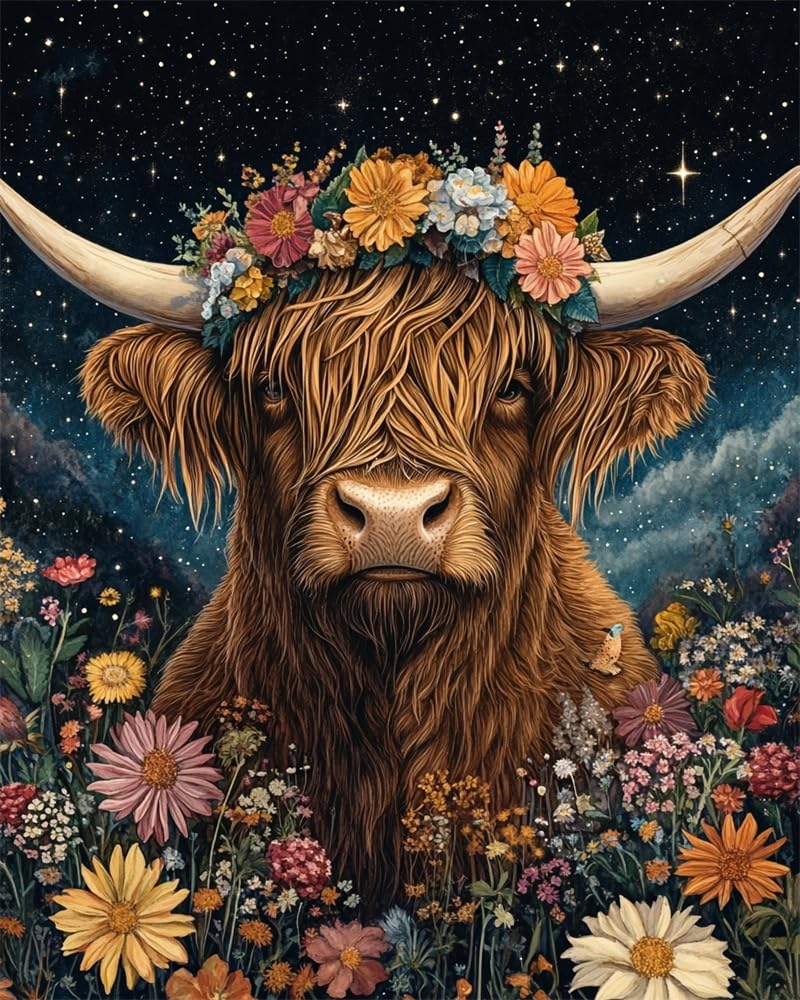 Henypt Stamped Cross Stitch Kits,Highland Cattle Wearing A Floral-Wreath Hat Cross Stitch Ornament Kits for Adults Beginners, Counted Embroidery Needlepoint Kits Home Decor Adult Craft Kits