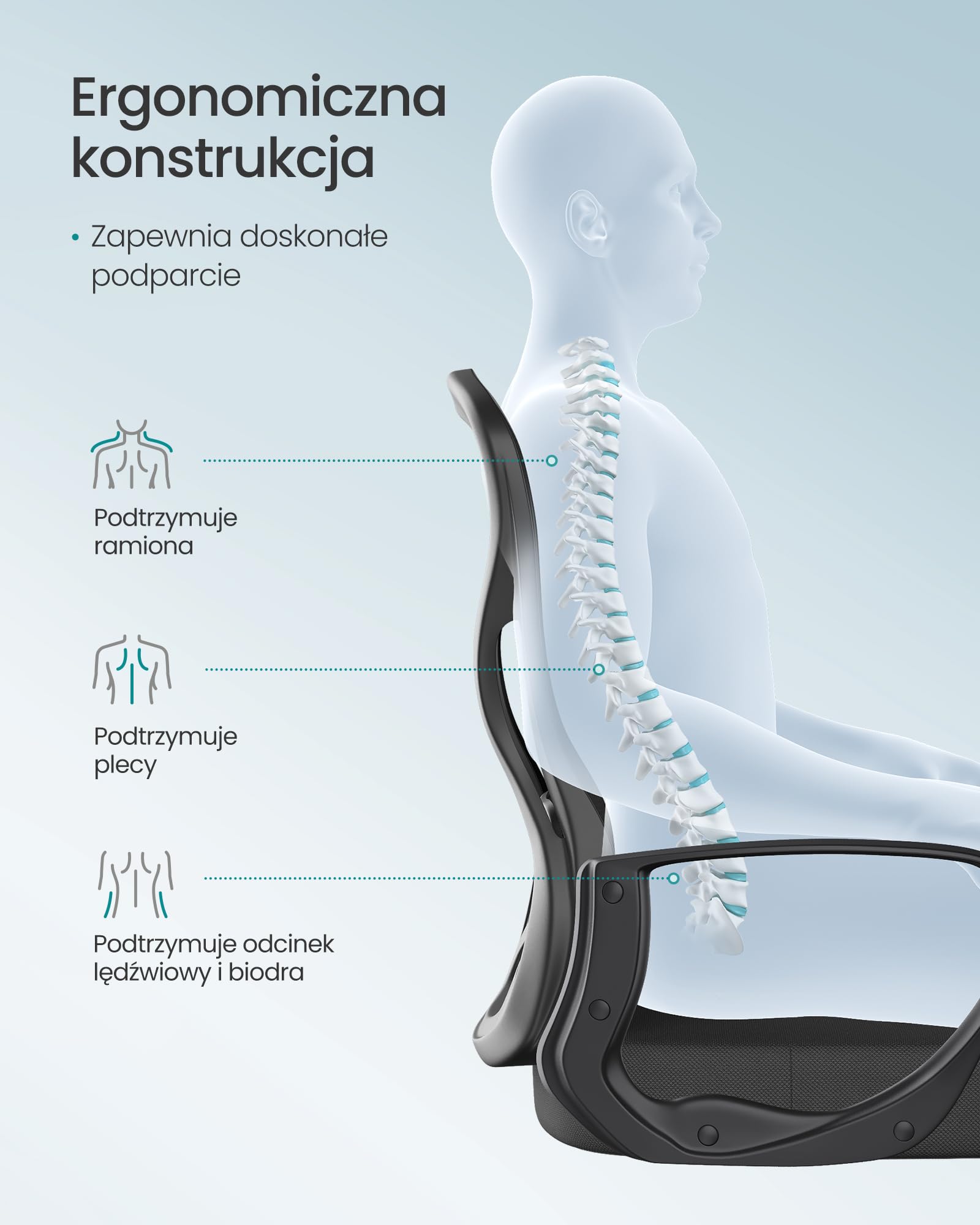 SONGMICS Ergonomiczny fotel biurowy, obrotowy z siatkową tkaniną, fotel biurowy z podparciem lędźwiowym, funkcją bujania, podłokietnikami, do gabinetu, sypialni, czarny atrament OBN043BH02