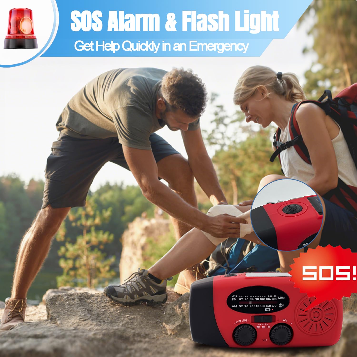 Radio Solaire Auto-alimentée 2000mAh AM/FM Portable d'Urgence à Manivelle Dynamo avec Lampe LED, Alarme SOS et Chargeur Téléphone