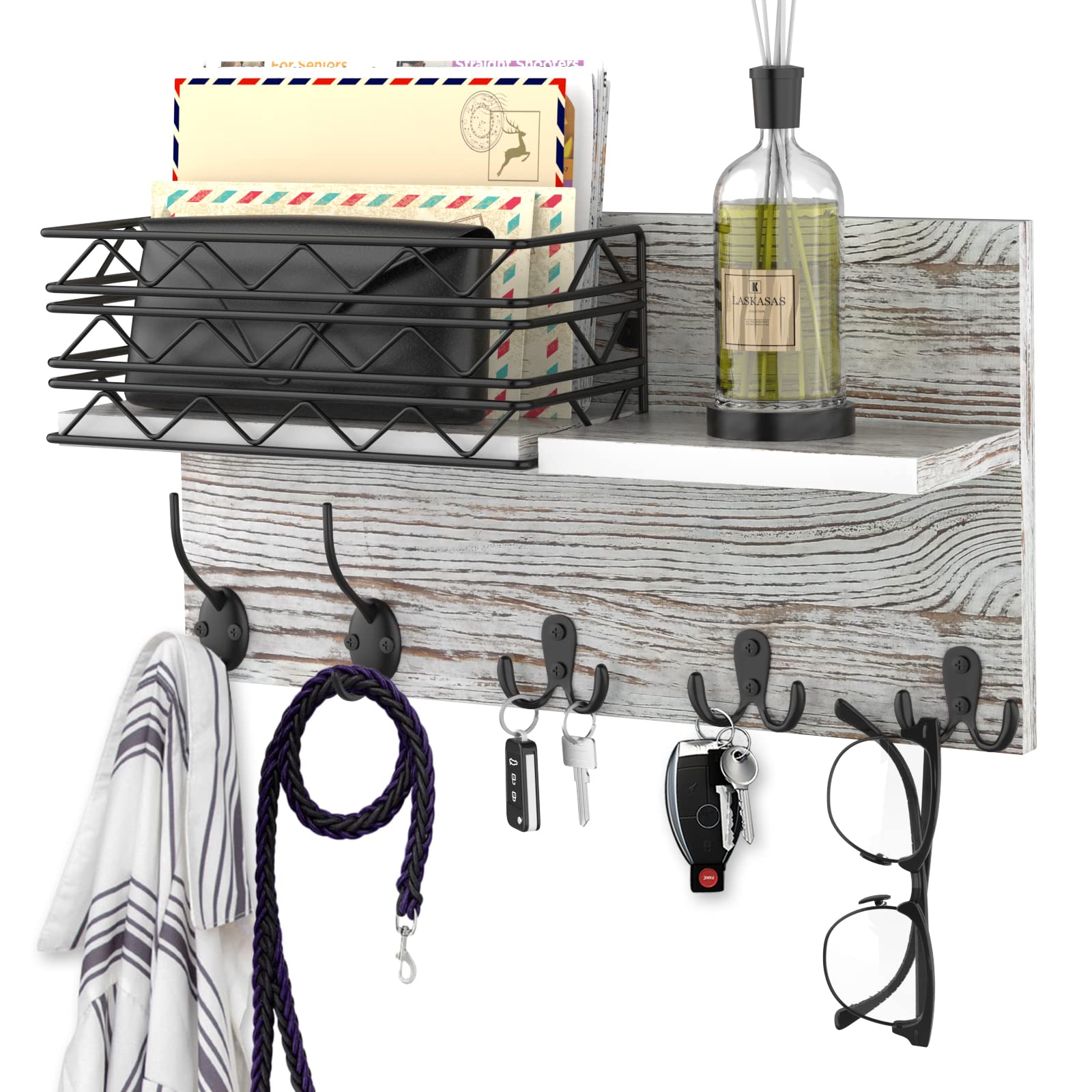 Key Holder for Wall, Mail Organizer Wall Mount Includes Mail Holder Coat Hooks and 2 Double Wall Hooks, Pine Rustic Home Decor for Keys, Coats, Dog Leashes, Mail- Gray White