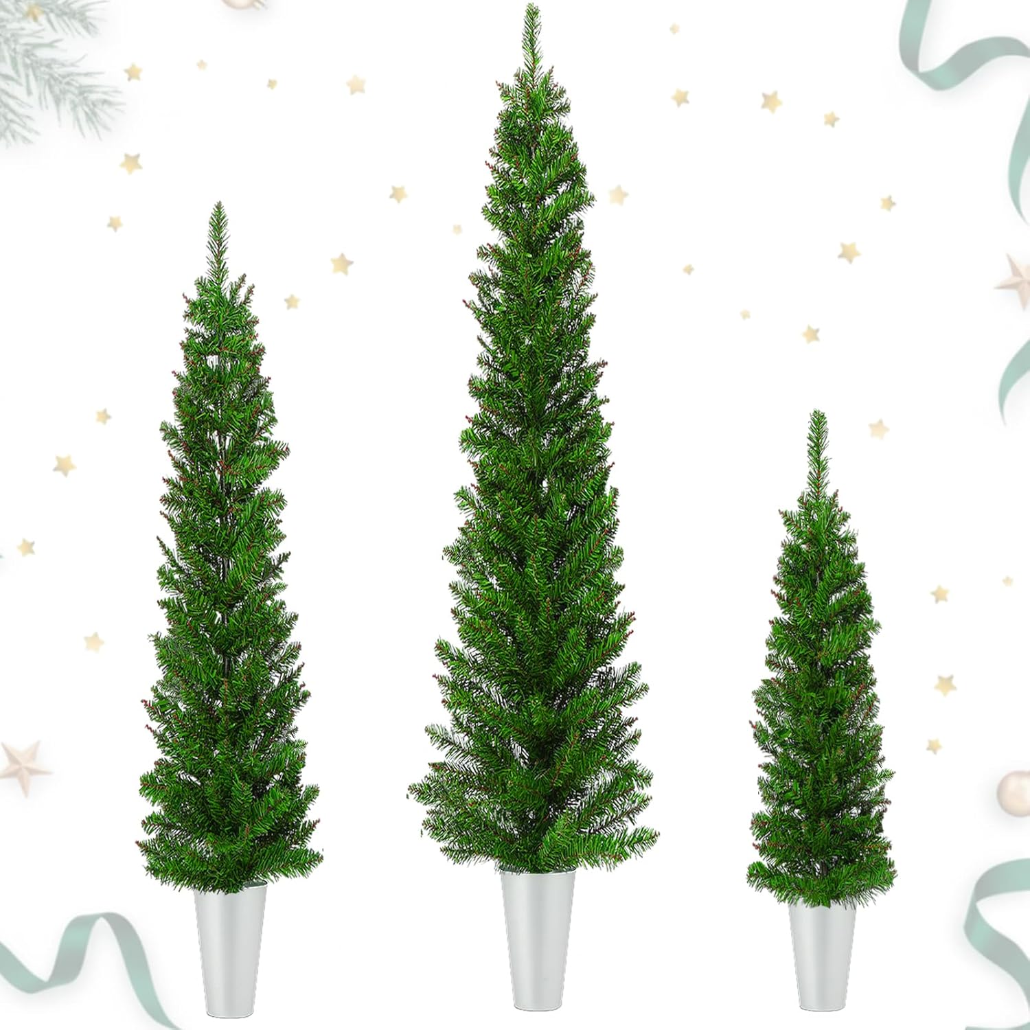 Set of 3 Potted Christmas Tree 5ft/4ft/3ft Slim Pencil Christmas Tree with Metal Buckets Artificial Xmas Trees for Porch, Front Door, Entryway, Holiday Party Decoration(Green)