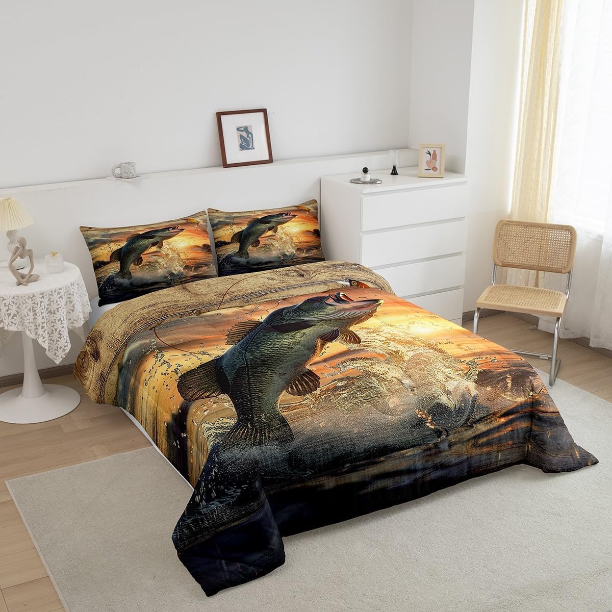 Feelyou Bass Fish Bedding Set Queen Size Hunting and Fishing Comforter Set for Kids Rustic Farm Hunting Women Men Home Decor Duvet,1 Comforter+ 2 Pillow Shams