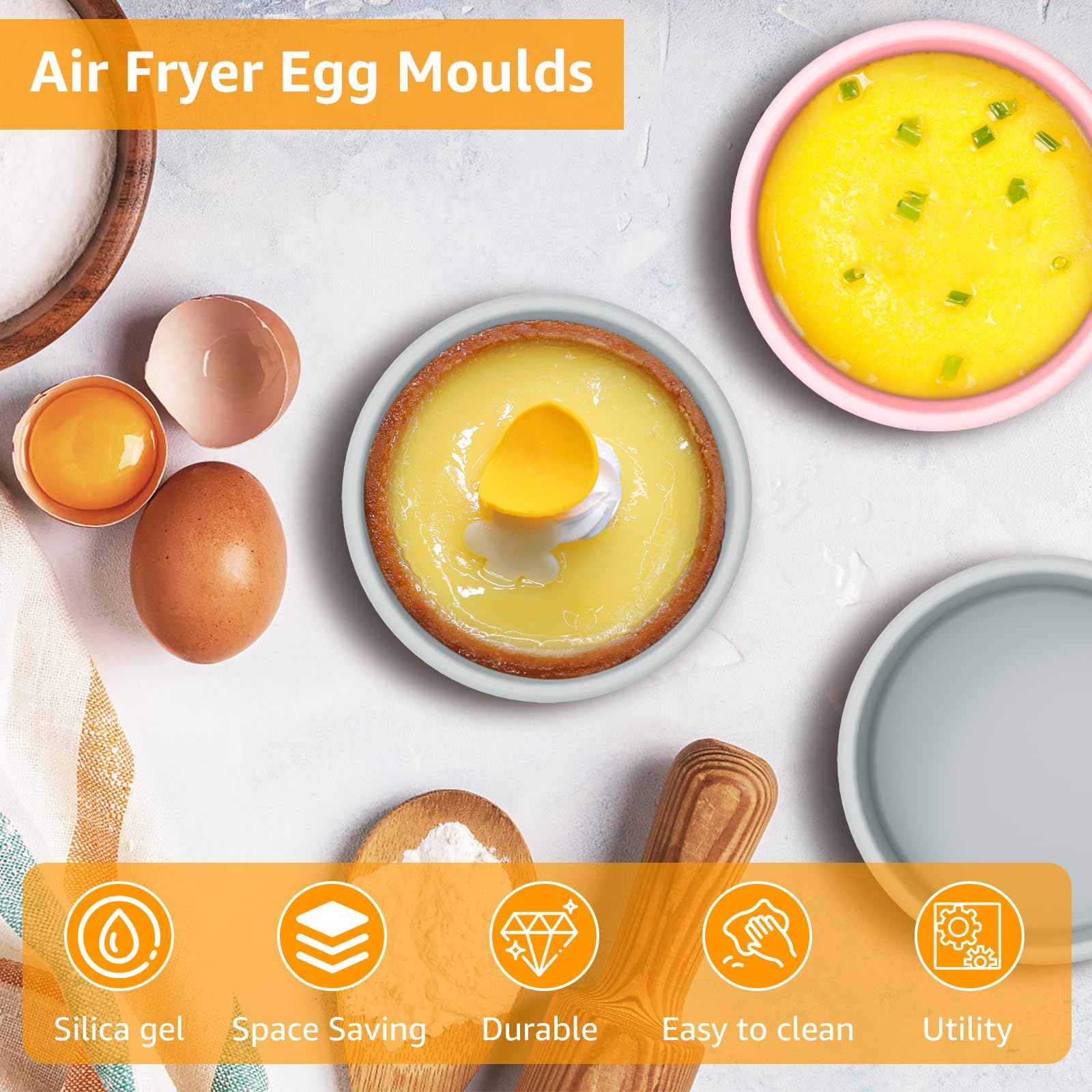 Moldes para huevos para freidora de aire, moldes de silicona antiadherentes, vasos escalfadores de huevos resistentes al calor, accesorios reutilizables para cocinar y hornear huevos y magdalenas, 4