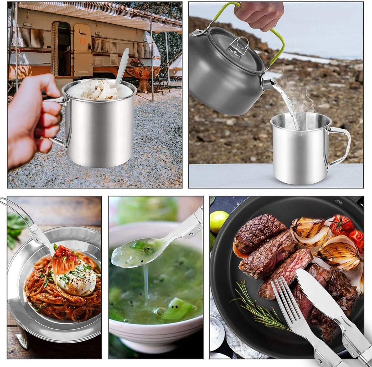 Protable camping cookware measuring kit for 2 people light outdoor cooking equipment with stove non stick pan pot with utensils bag for hiking picnic A Orange