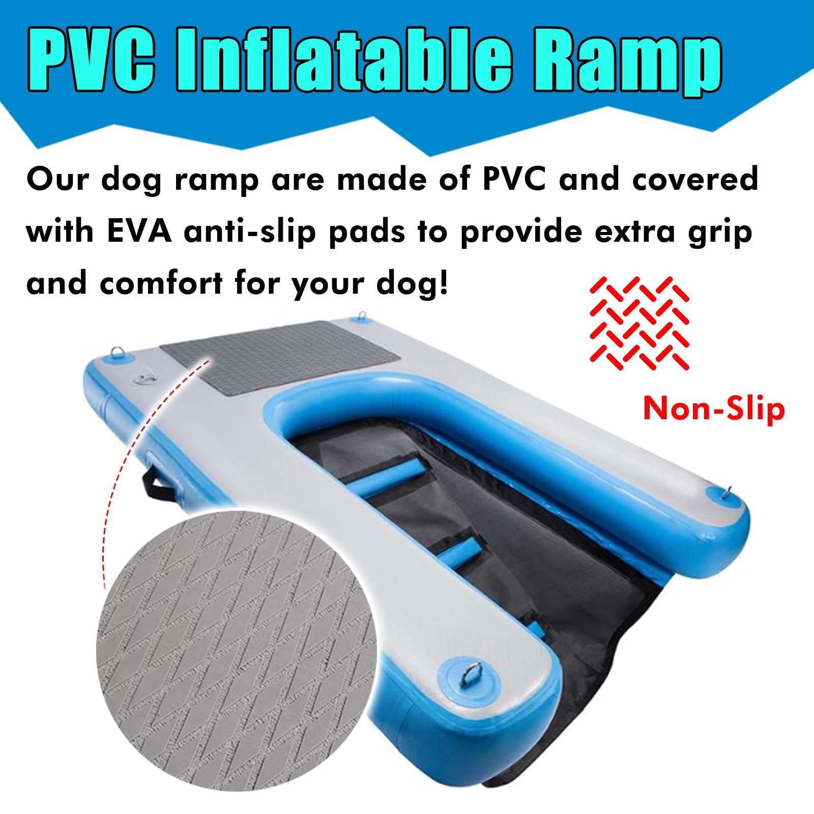 Rampa de Agua Para Perros Escalera de agua para perros con escalones 3D antideslizantes y bomba/kit de reparación, rampa flotante inflable para piscina/plataforma para perros en playas, muelles(Black,