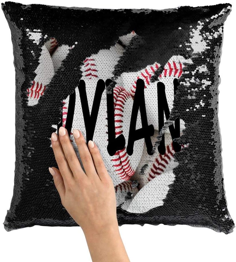 Violet Victoria & Fan Star Personalized Baseball Sequin Mermaid Flip Pillow with Your Name and Number Silver Sequins 16x16 Inches