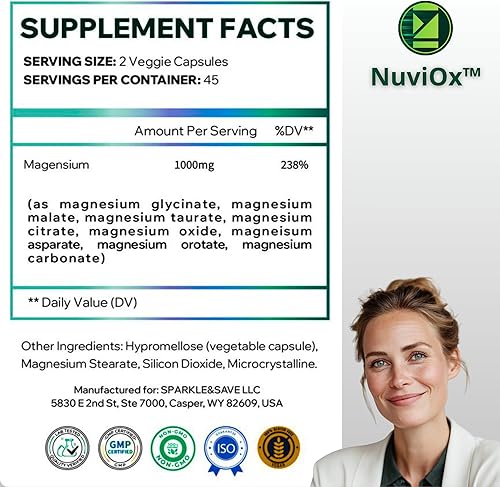 Miniatura 2 de NuviOx Complejo de magnesio – 8 formas de alta absorción 1000 mg – glicinato, malato, taurato, citrato – apoyo para dormir, estrés y músculos para