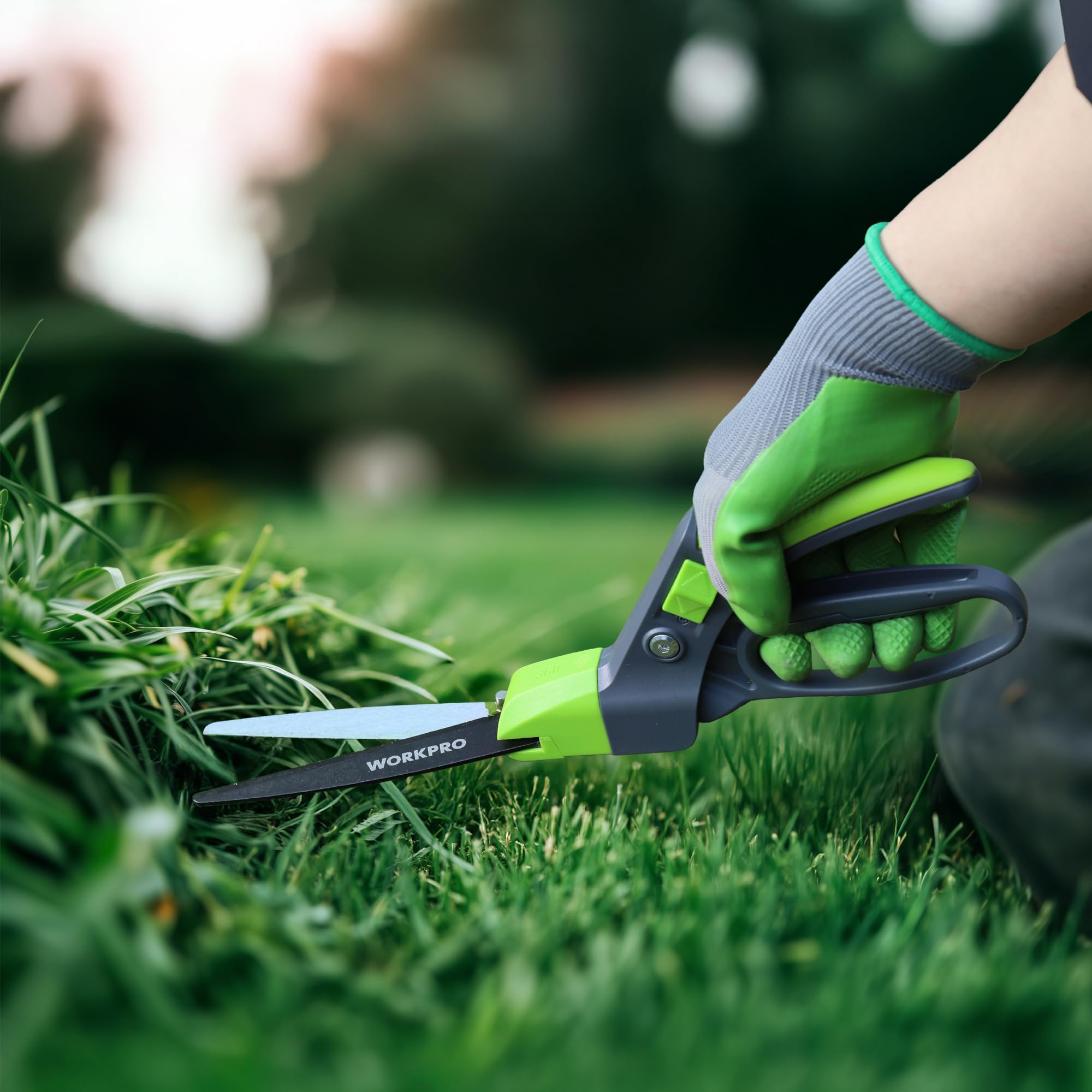 WORKPRO Cisaille à Gazon Rotative 360°, Cisaille Orientable avec Verrou de Sécurité, Poignée Ergonomique, Outil de Jardinage pour Pelouse, Plantes, Bonsaïs et Bordures