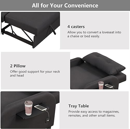 Miniatura 6 de Sofá cama, silla convertible 3 en 1 con respaldo ajustable, silla reclinable individual con mesas USB y alas, silla de lino para sala de estar y