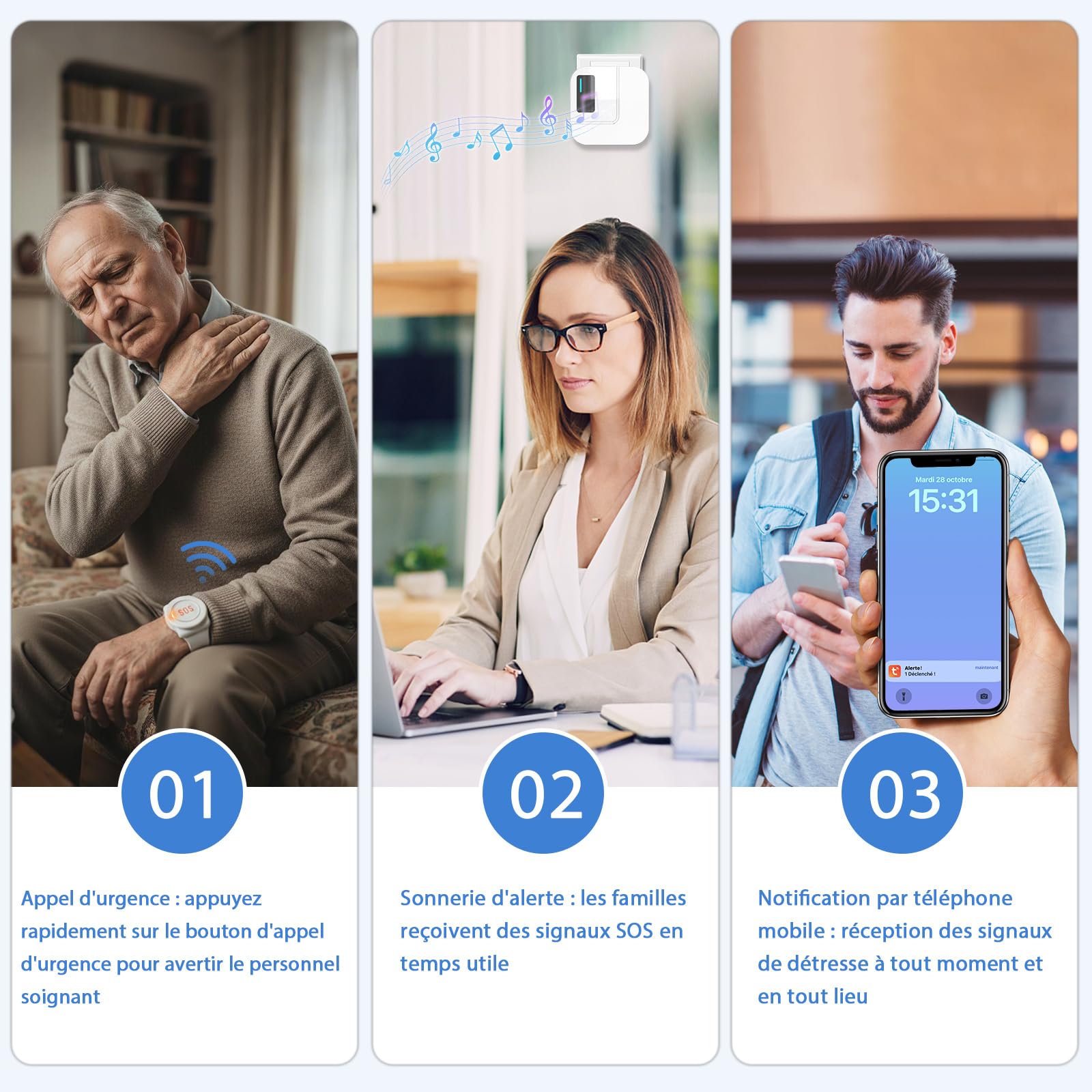 Daytech WiFi Tuya Intelligent Bracelet Alarme Personne Agee,Bouton Alarme Personne Agee,A Utiliser Lorsque Les Personnes âgées Ont Besoin d'aide (Blanc 2-1, 2 émetteurs + 1 récepteur)