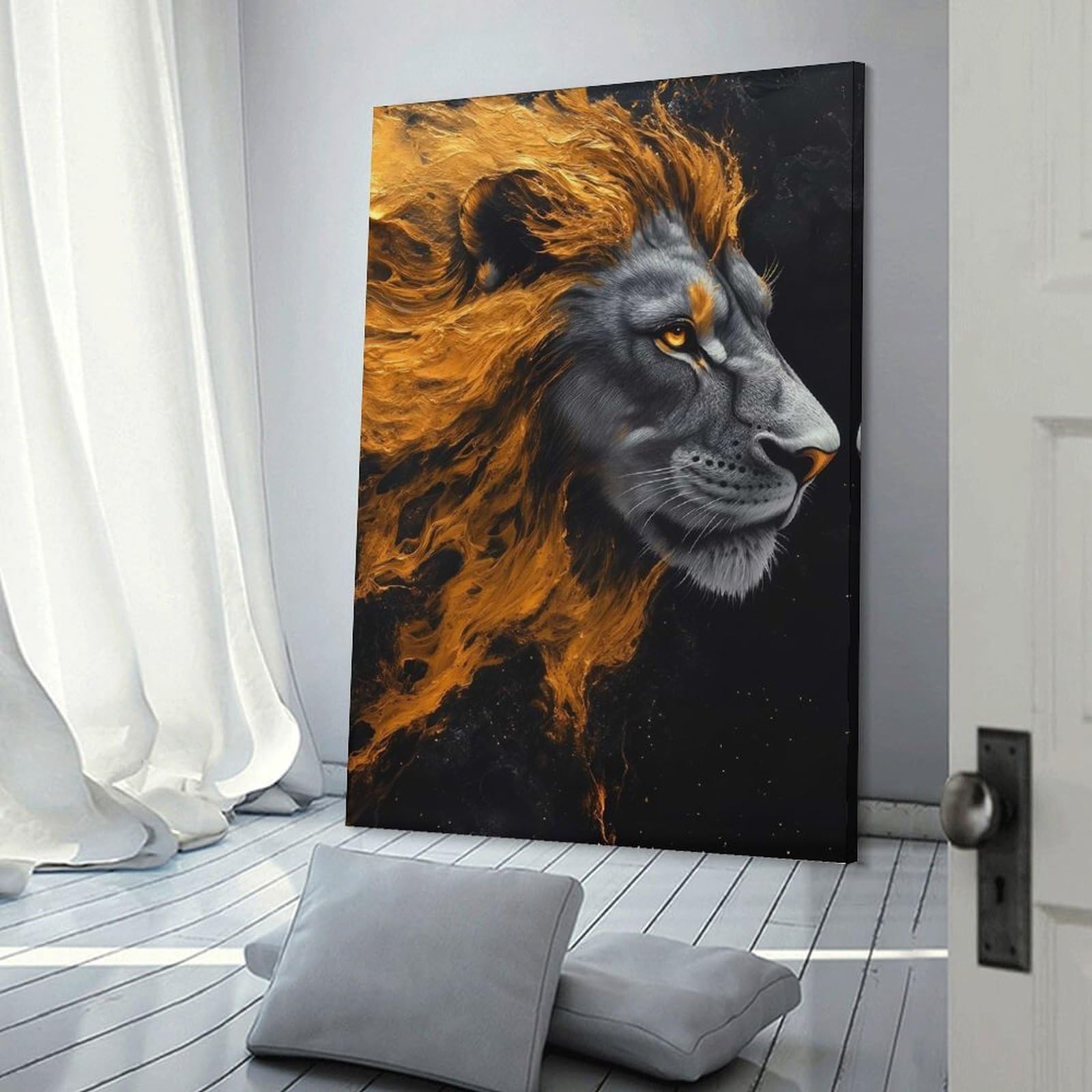 Junmoney Frame-Style-23 Home Decor Wall Art Lion Portrait With Golden Mane, 12X18inch(30X45cm), For New Homes, Bedrooms Or Workspaces, Home Decor Gift With Stylish Appeal
