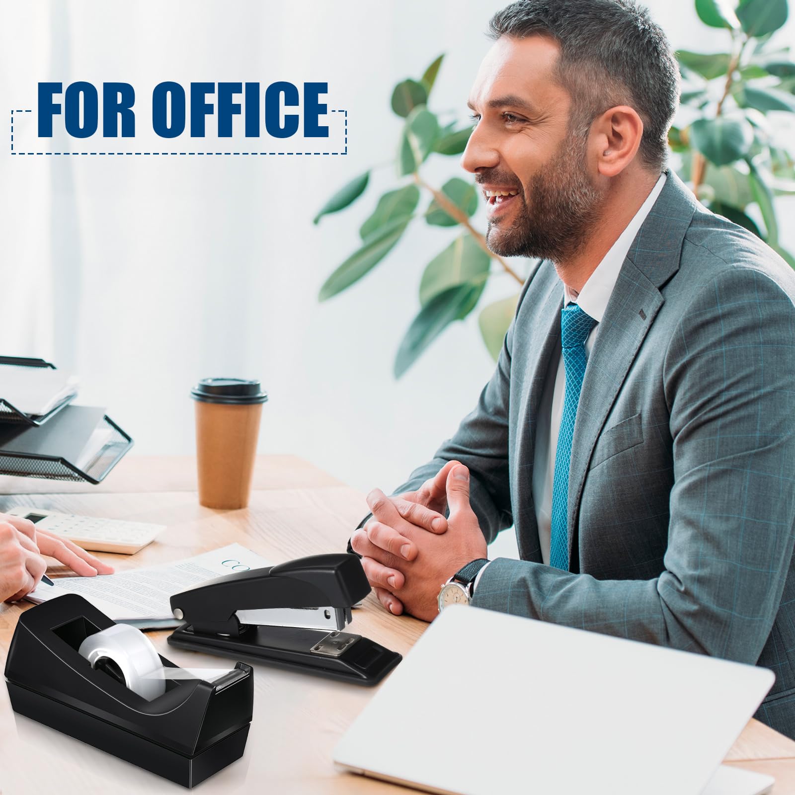 Thenshop Set di cucitrici da scrivania, dispenser per nastro adesivo nero, per scrivania e ufficio, con 6000 punti metallici standard, supporto per nastro nero, dispenser di nastro da scrivania con 6