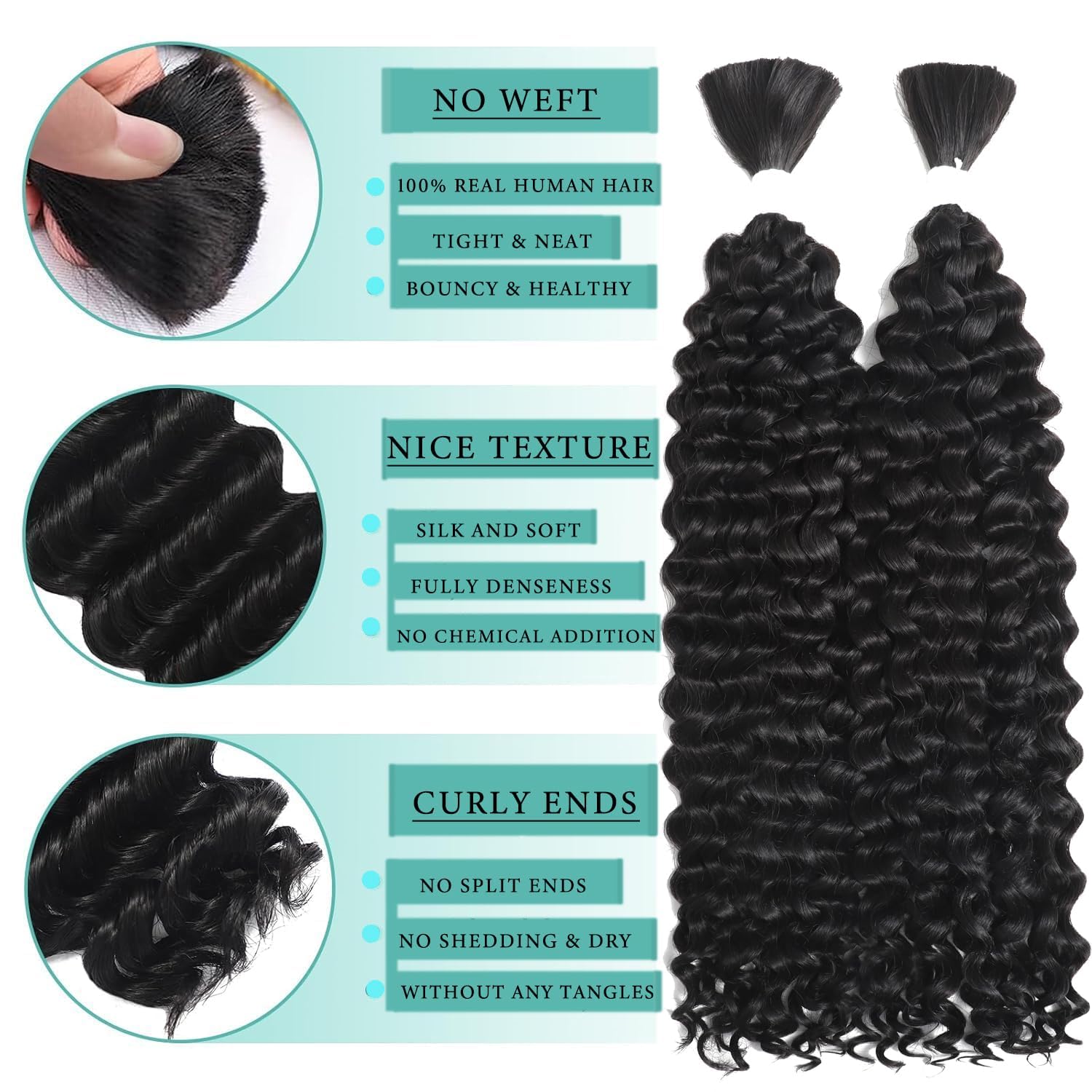 Human Braiding Hair for Boho Braids 100% virgin Human Hair 110g 22 Inch Curly Knotless 12A Deep Wave Bulk Bohemian Braiding Hair for 2 Bundles/Pack Extensions (1B-Natural Black-Deep, 22Inch)