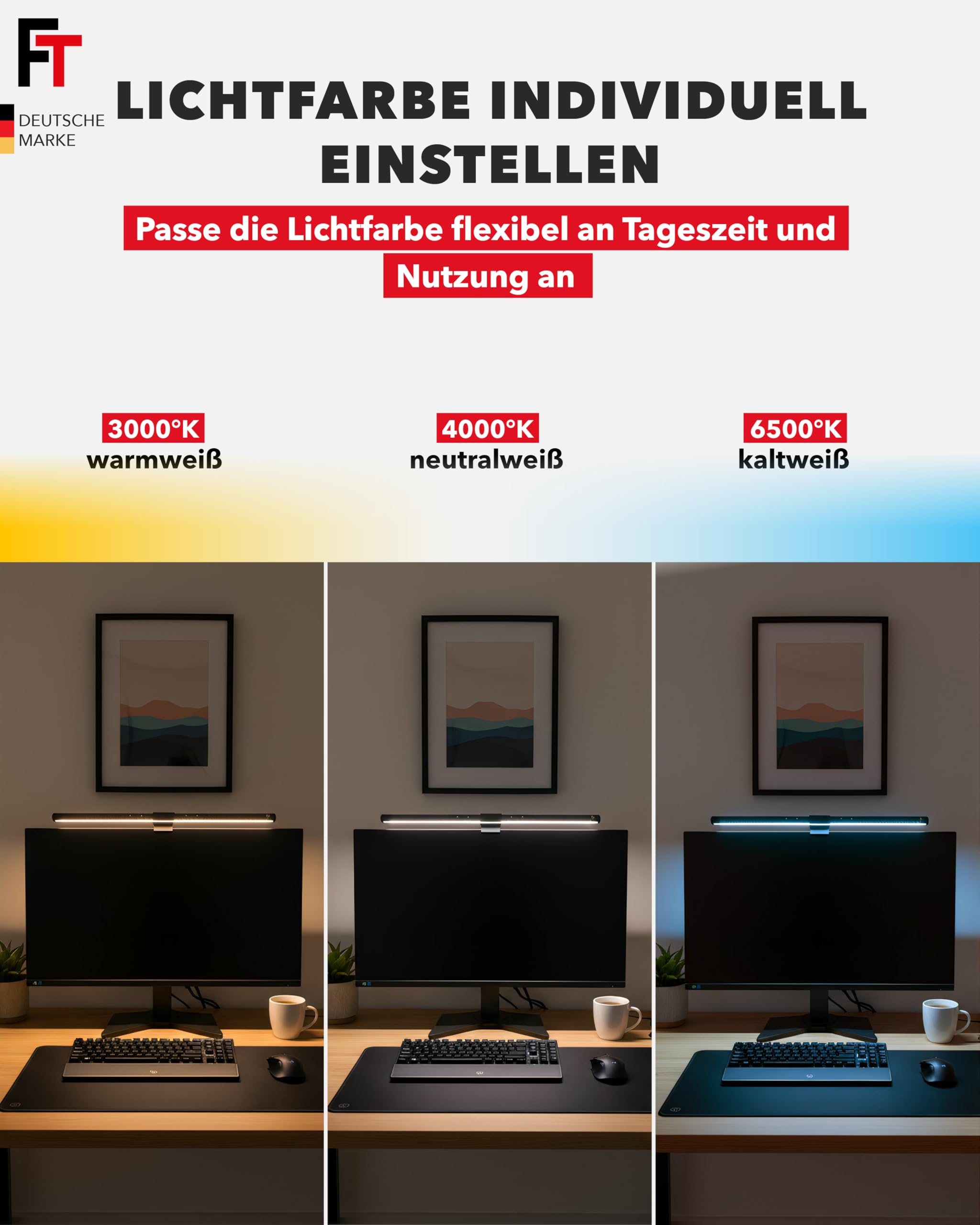 FeinTech LT750 LED Monitorlampe 51 cm USB Schreibtischlampe Lichtsensor Dimmbar Farbtemperatur Einstellbar Curved (ohne Fernbedienung)