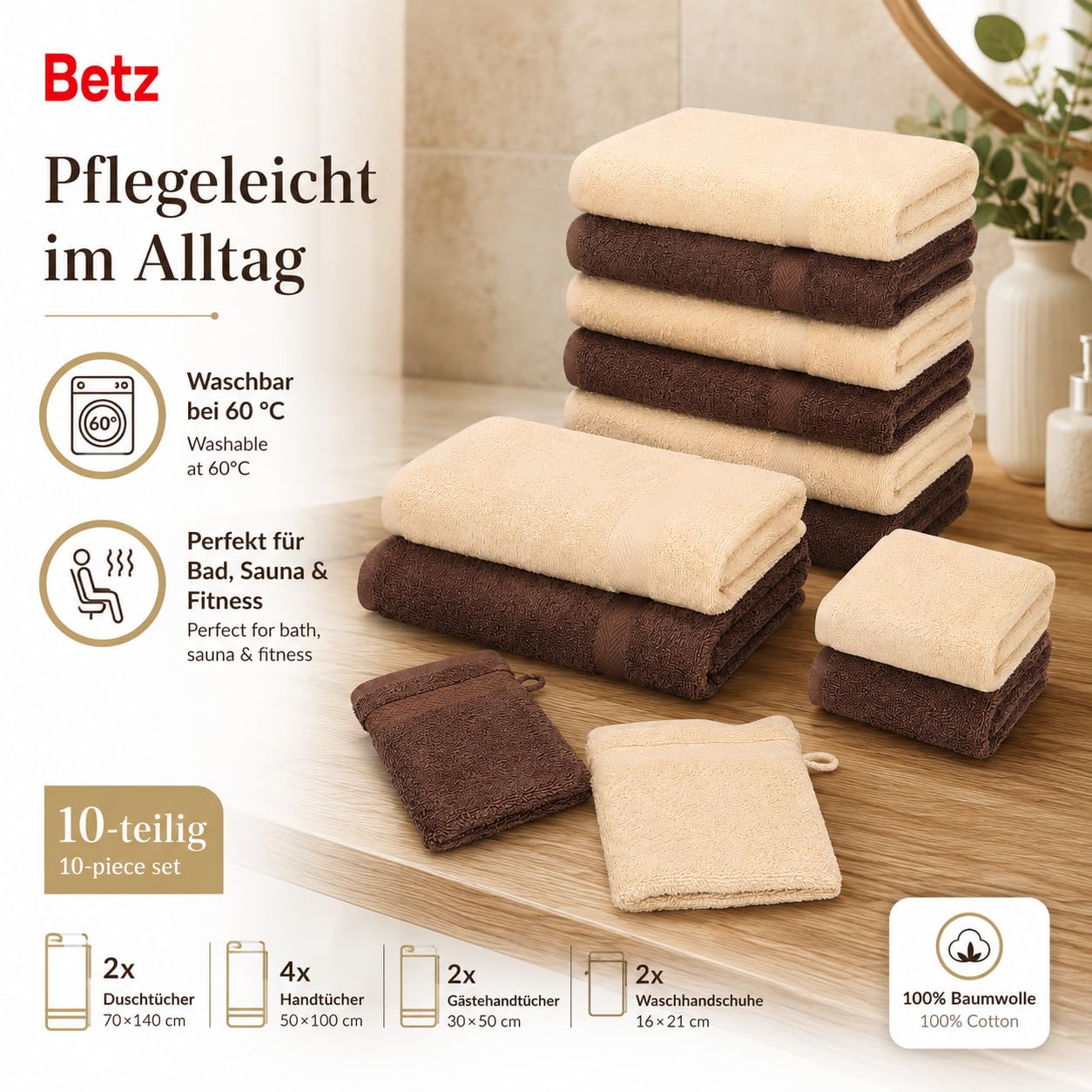 Betz Set di 10 asciugamani Premium 2 asciugamani da doccia 4 asciugamani 2 asciugamani per ospiti 2 guanti da bagno 100% cotone colore beige e marrone noce