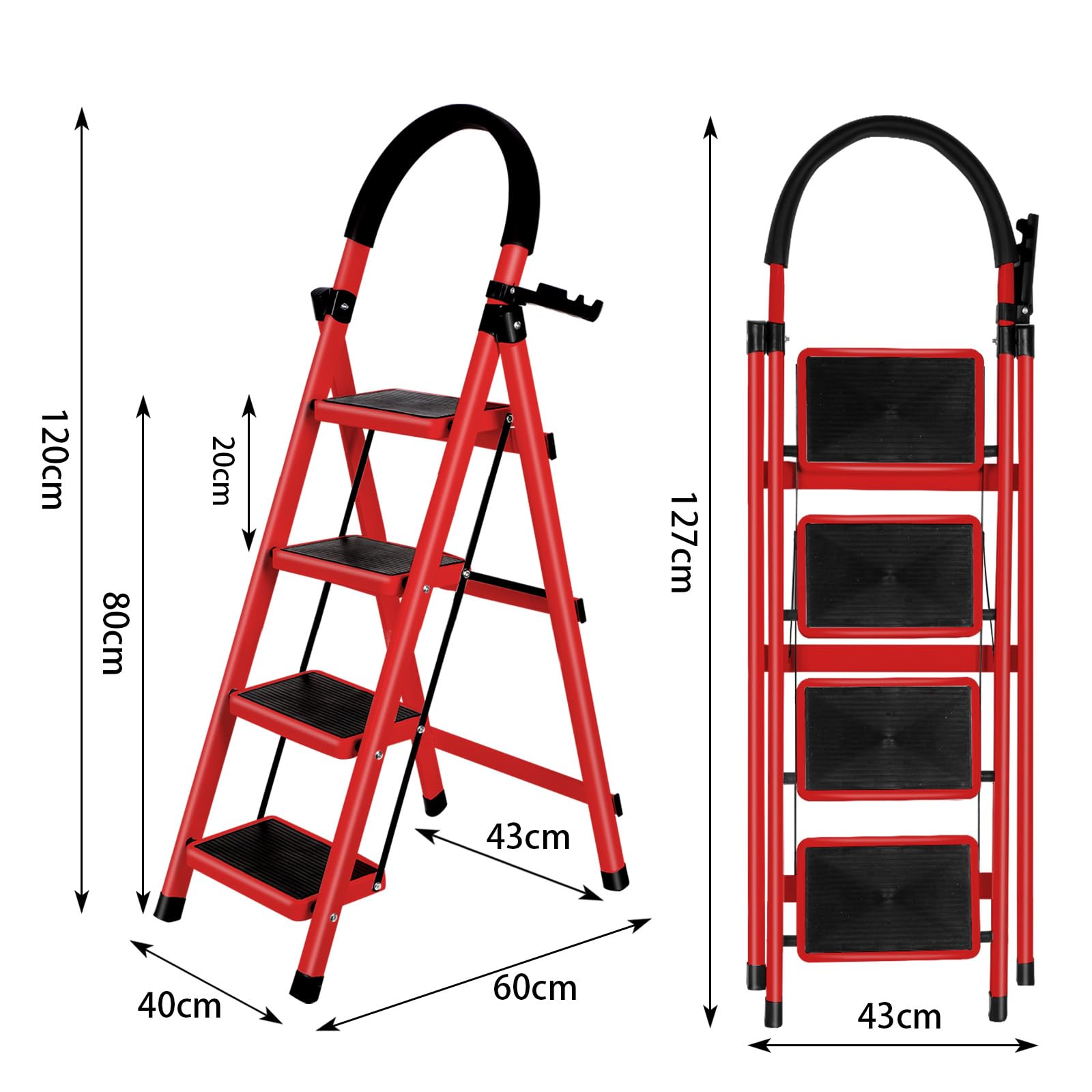 Escabeau Ménager 4 Marches en Aluminium avec Mains Courantes 150 KG Escabeau en Aluminium Echelle Multifonctions pour Maison et Bureau-133 x 74 x 39 cm - 4 marches (Rouge)