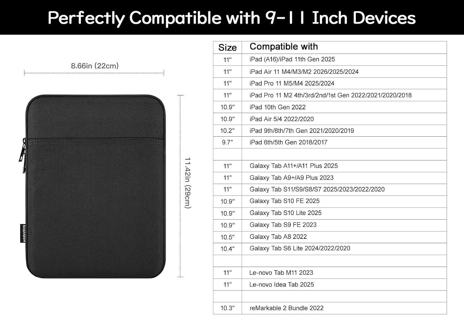 Dadanism 9-11 Inch Tablet Sleeve Bag Carrying Case for iPad (A16) 11th Gen 11", iPad 10th Gen 10.9" Air 5/4, iPad Air/Pro 11", iPad 9/8/7th 10.2", Galaxy Tab A11+ Plus 11"/S9 FE, Tab M11 11", Black