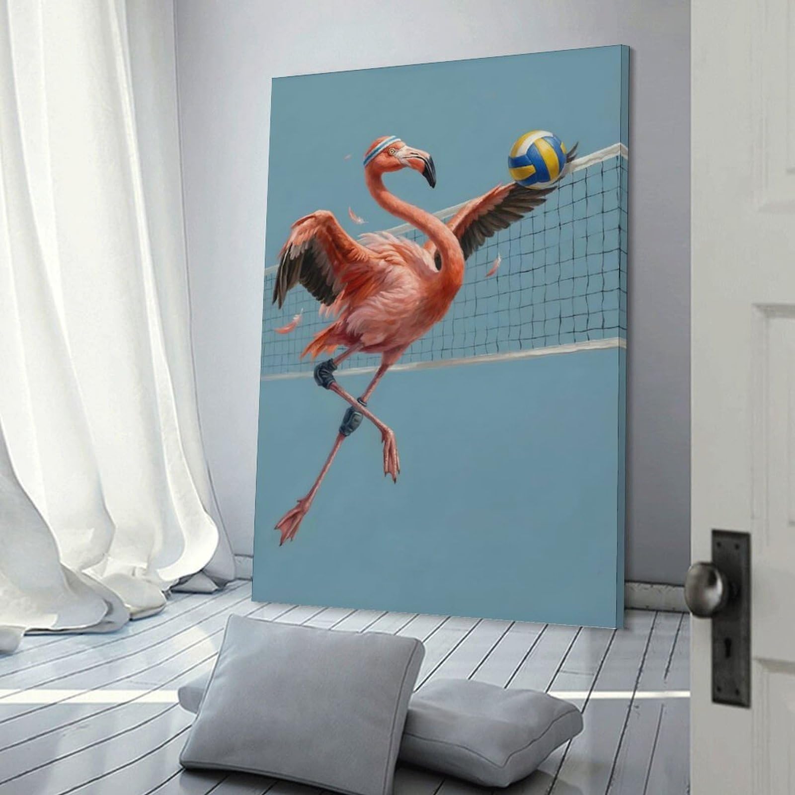 Junmoney Frame-Style-10-1 Flamingo Playing Volleyball Decorative Wall Artwork, 24X36inch(60X90cm), For Home Lounge, Bedroom Or Reading Nook, Easy Decor For Gallery Walls