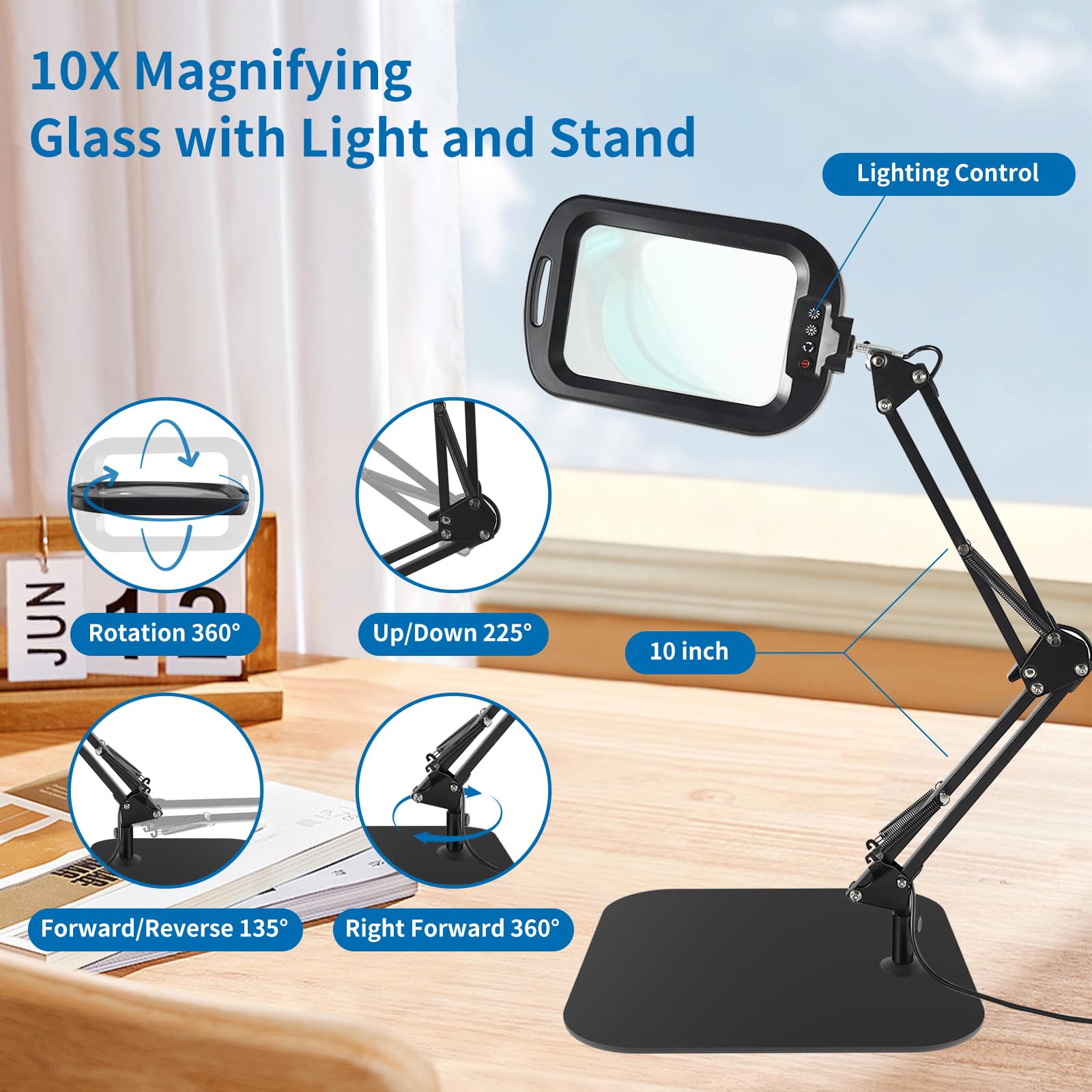 GABORISH 10 lupas de mesa con luz y soporte, lámpara de lupa rectangular con 60 LED, 5 modos de color y regulable, sin manos, lupa de pie con luz, 2 en 1, lámpara con lupa con abrazadera y base para