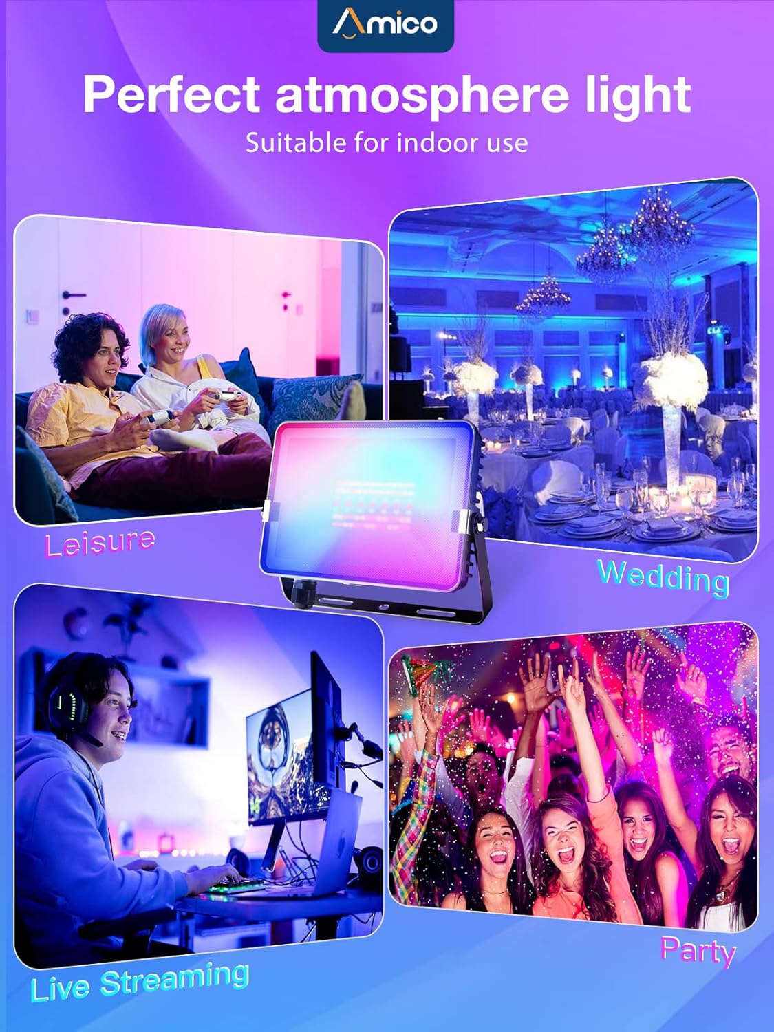Amico 25W Smart RGB Flood Light, App Controlled WiFi Flood Light, 2500LM, 2700-6500K, 16 Million Color, Timing Function, Music Sync, 8 Scene Modes, IP65 Waterproof Stage Light, 2 Pack