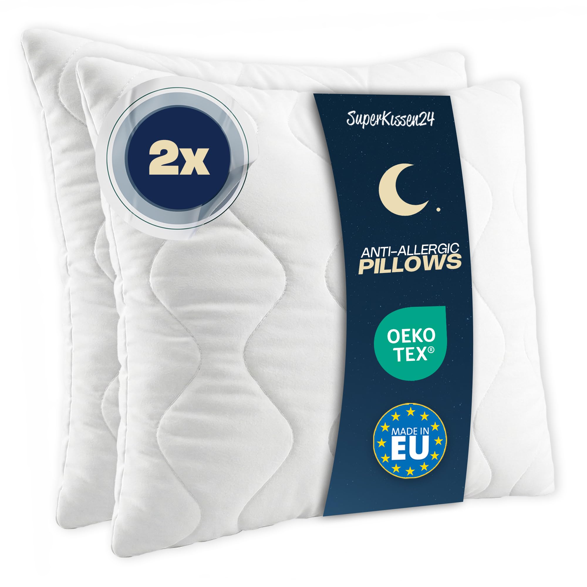 SuperKissen24. Set di 2 Cuscini Letto in Microfibra 80x80 cm con Imbottitura in Poliestere - Anallergico - Cuscino per Divano, per Salotto - Good Sleep Bianco