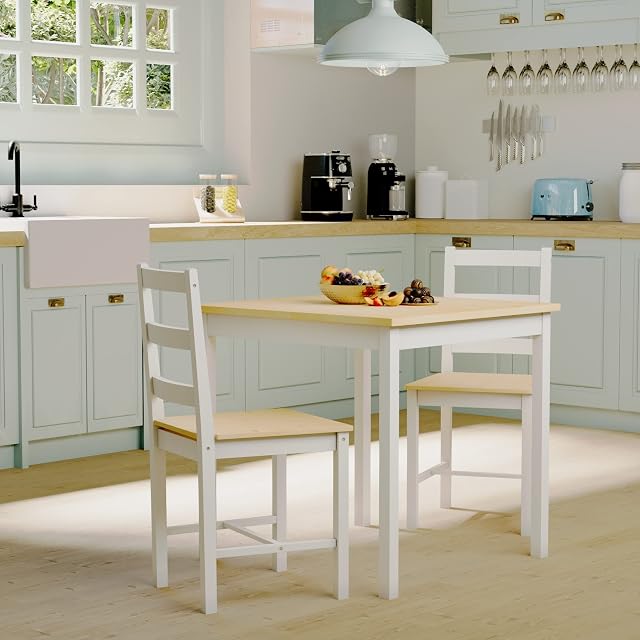 Vida Designs Yorkshire Dining Table and Chairs Set Kitchen Home Furniture (White & Pine, 2 Seater)