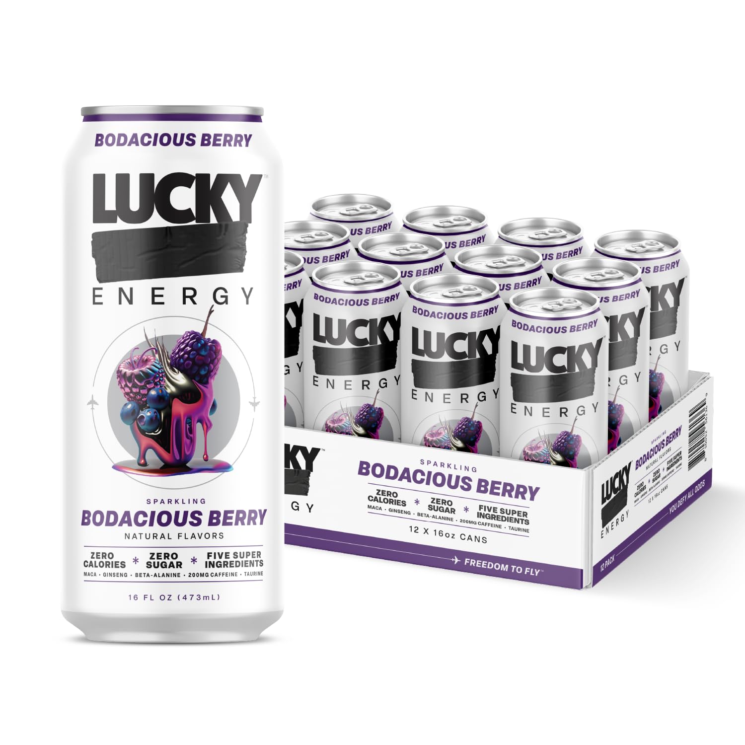 Lucky Energy Sugar Free Energy Drinks 16 Fl Oz Cans (12-Pack) Bodacious Berry with Maca, Ginseng, Taurine, Beta-Alanine, 200mg Caffeine