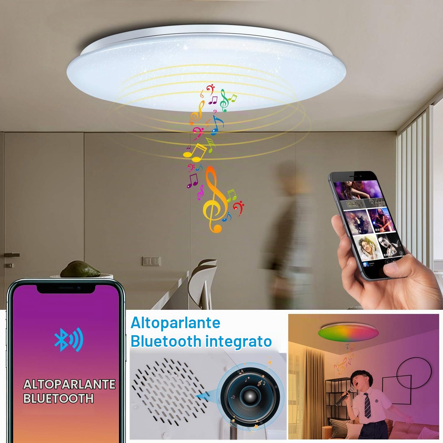 Φ40cm 45W Sternenhimmel Musik Deckenlampe Kompatibel Mit Google Home Kompatibel Mit Bluetooth Lautsprecher Deckenleuchte LED RGB Farbwechsel Dimmbar für Küche Schlafzimmer Badezimmer