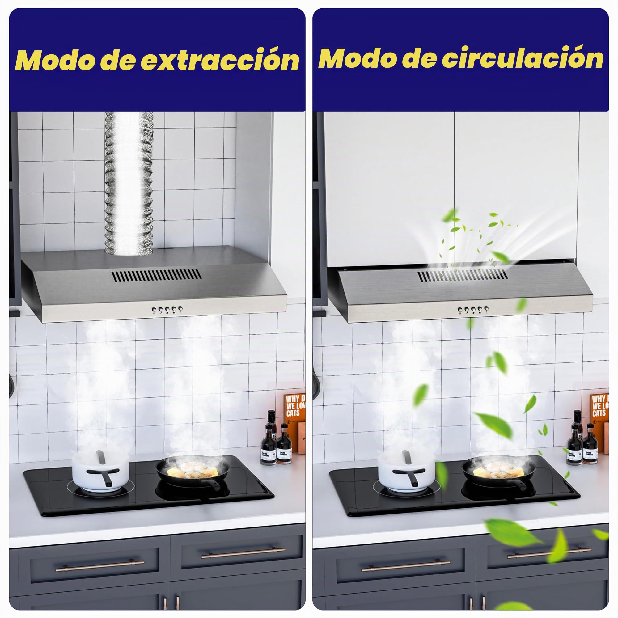 FIREGAS campana extractora 60 cm, con motor sin escobillas, 3 velocidades, 250 m³/h, iluminación LED, filtro de carbón incluido, evacuación y reciclaje, acero inoxidable