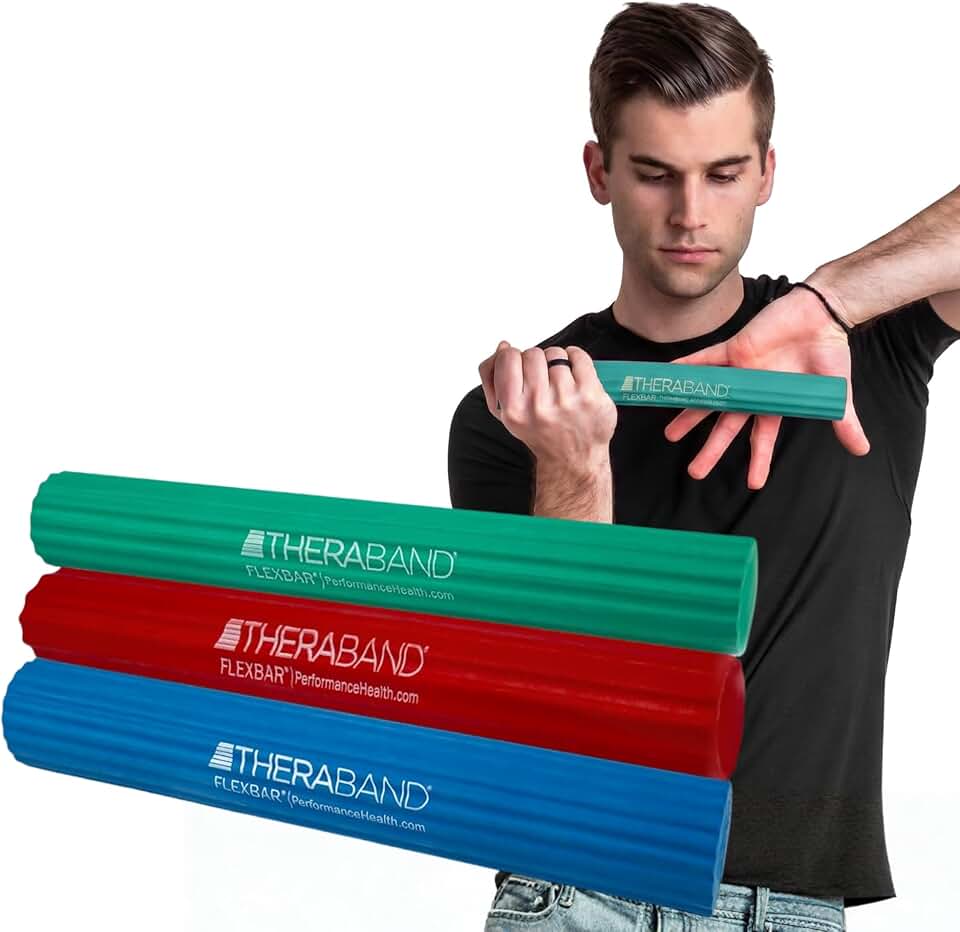 THERABAND FlexBar, Tennis Elbow Therapy Bar, Relieve Tendonitis Pain &amp; Improve Grip Strength, Resistance Bar for Golfers Elbow &amp; Tendinitis, 3 pack, Light-Medium-Heavy, RED/GREEN/BLUE