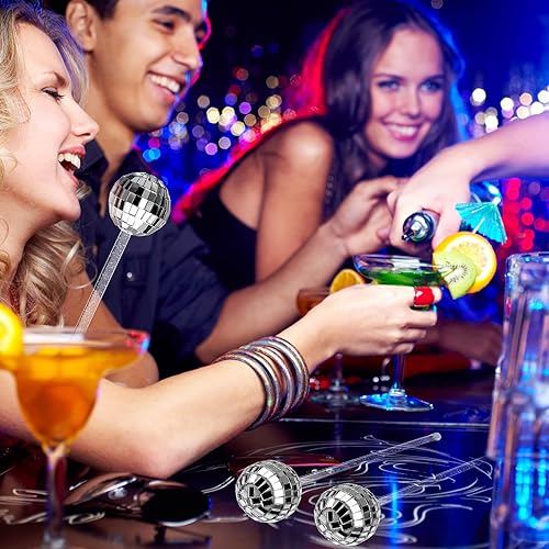 Miniatura 4 de Sawysine 24 unidades de bolas de discoteca agitadores de cóctel, bola de discoteca plateada, palitos decorativos de 8 pulgadas, bola de espejo de