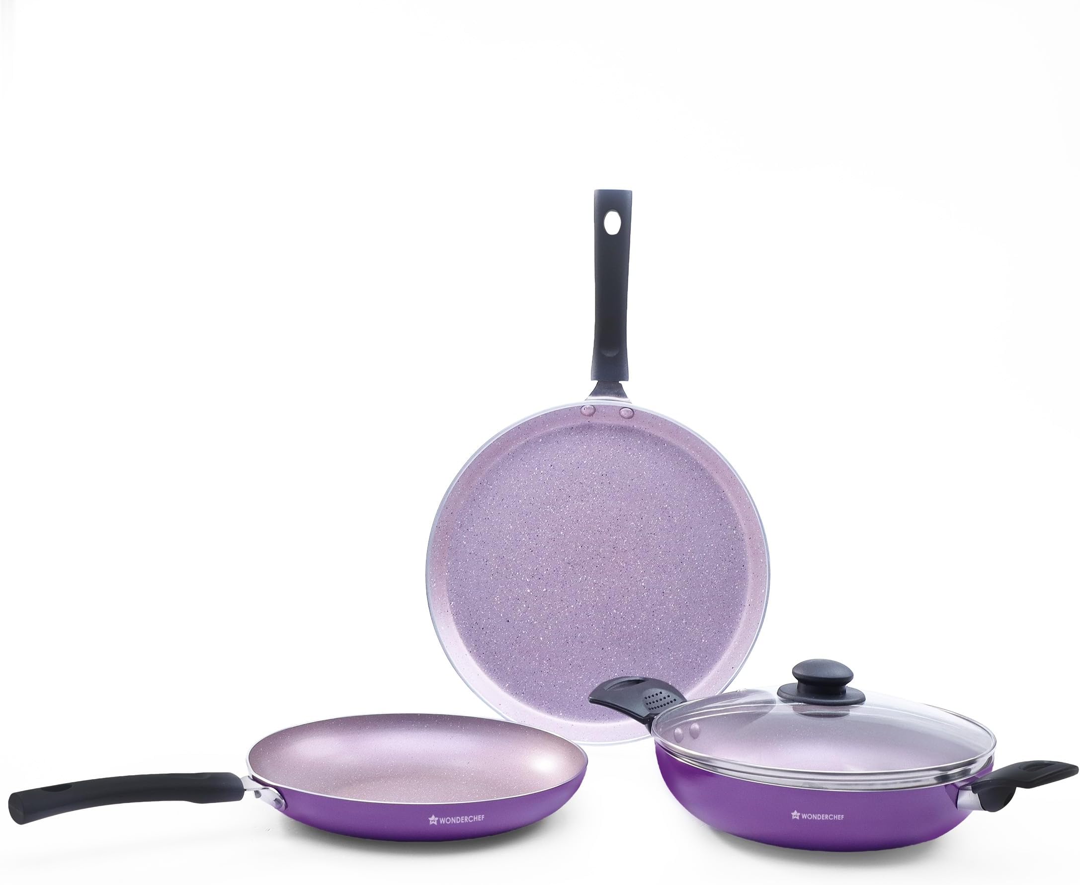 Wonderchef Valencia Non-Stick 4 Pc Cookware Set for Kitchen, Fry Pan 24cm, Kadhai with Glass Lid 24cm, Dosa Tawa 28cm, Non-Toxic PFOA Free, Gas Stove & Induction Friendly, 2-Yr Warranty, Purple