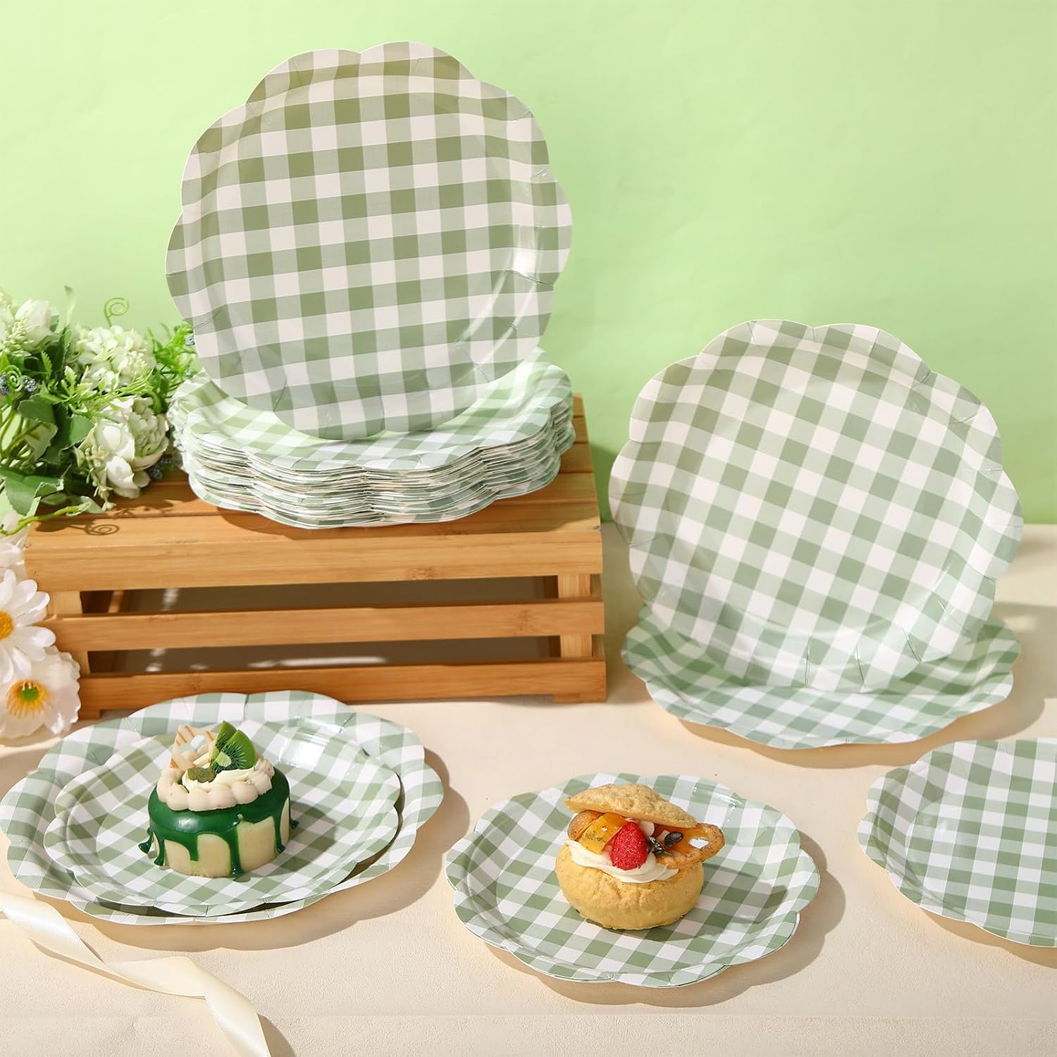 Maxdot Matcha Green Paper Plates 100 Pack Gingham Party Decoration 9" & 7" Checked Plaid Disposable Dessert Plates Tableware for Baby Shower Wedding Birthday Party Supplies