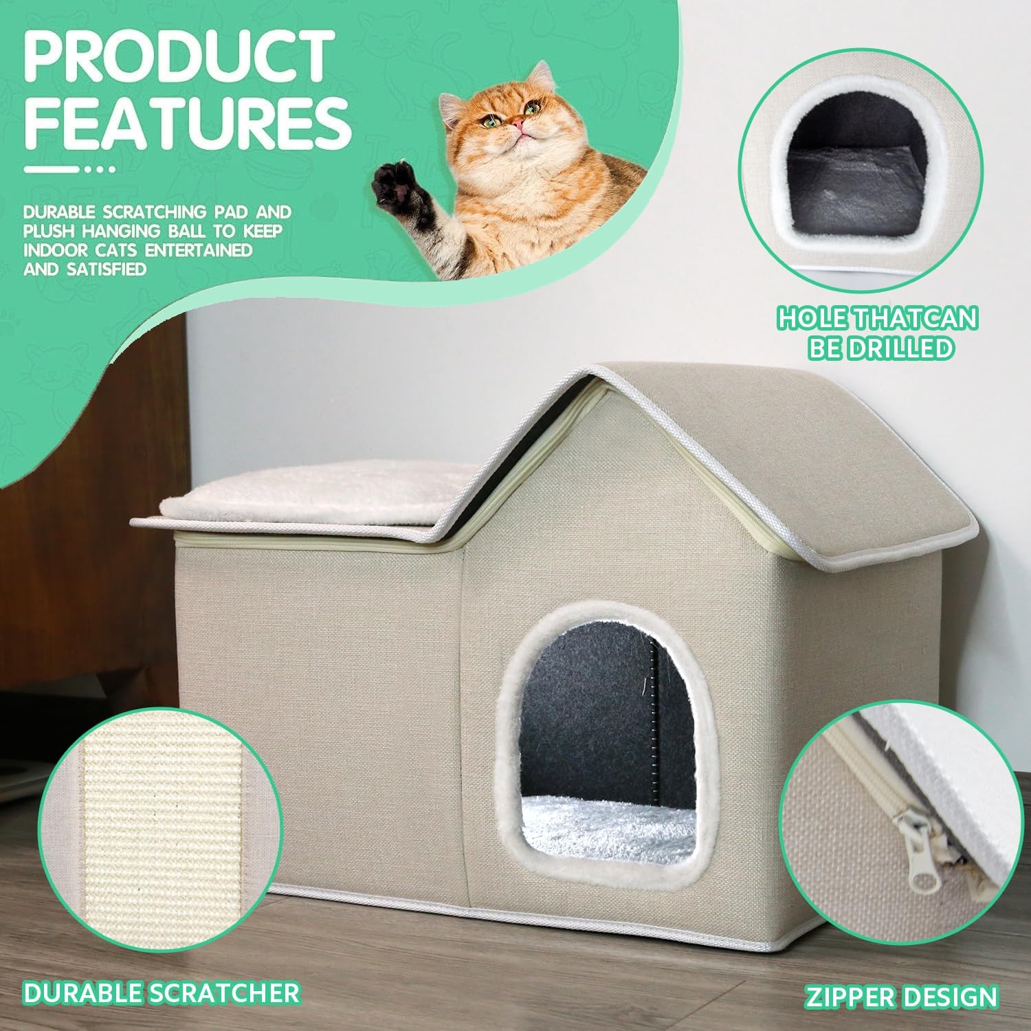 review Cat House for Indoor Cats Pet House Cat Bed Cave with Fluffy Mat and Scratch Pad for Cats Kitties Pets Up to 22lbs