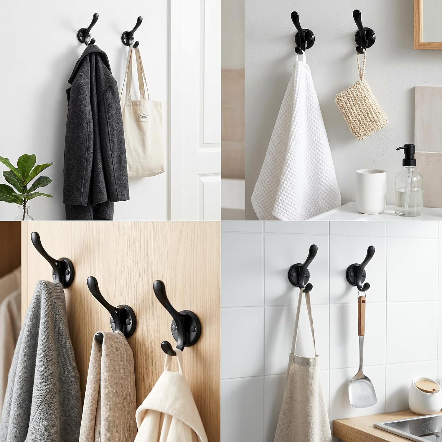Black Towel Hook 6 Pack Coat Robe Hook Heavy Duty Metal Double Bathrobe Hook，Black Towel Hooks for Bathrooms Kitchen Closet Garage (588black, 6)"