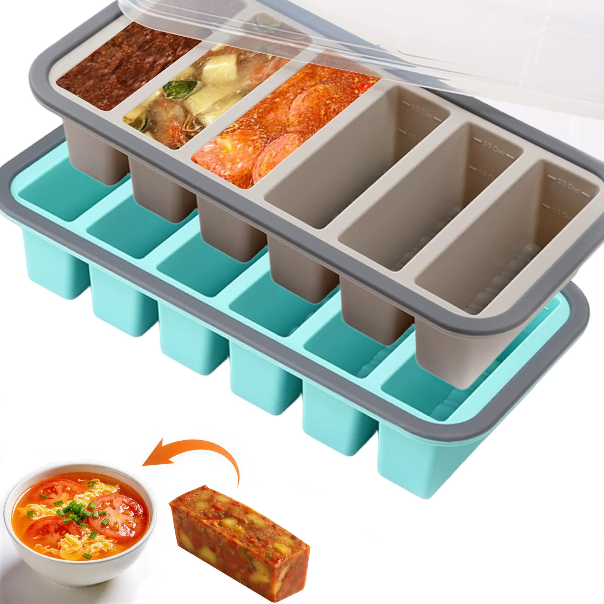 2 Pack Silicone Soup Freezer Containers, Soup Freezer Moulds, Ice Trays for Freezer, Ice Cube Tray for Storing 250mL/125mL Broth, Soup, Leftovers, Sauce (6 Compartment-3/5 Cup)