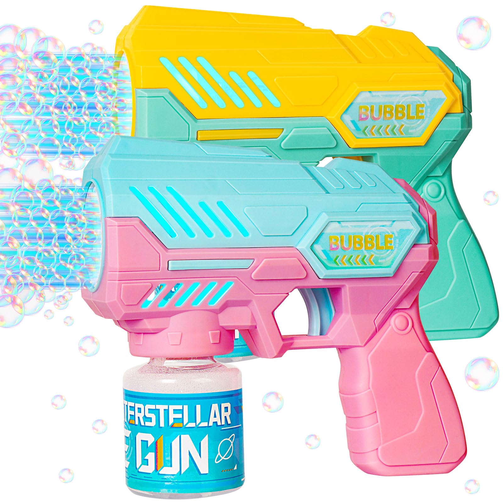 Pistola de Burbujas, Burbujas de Jabon Niños Juego de 2 Piezas - 20 Paquetes de Líquido de Burbujas, Diseño de Colores Combinados, con luz LED, Completamente Automático