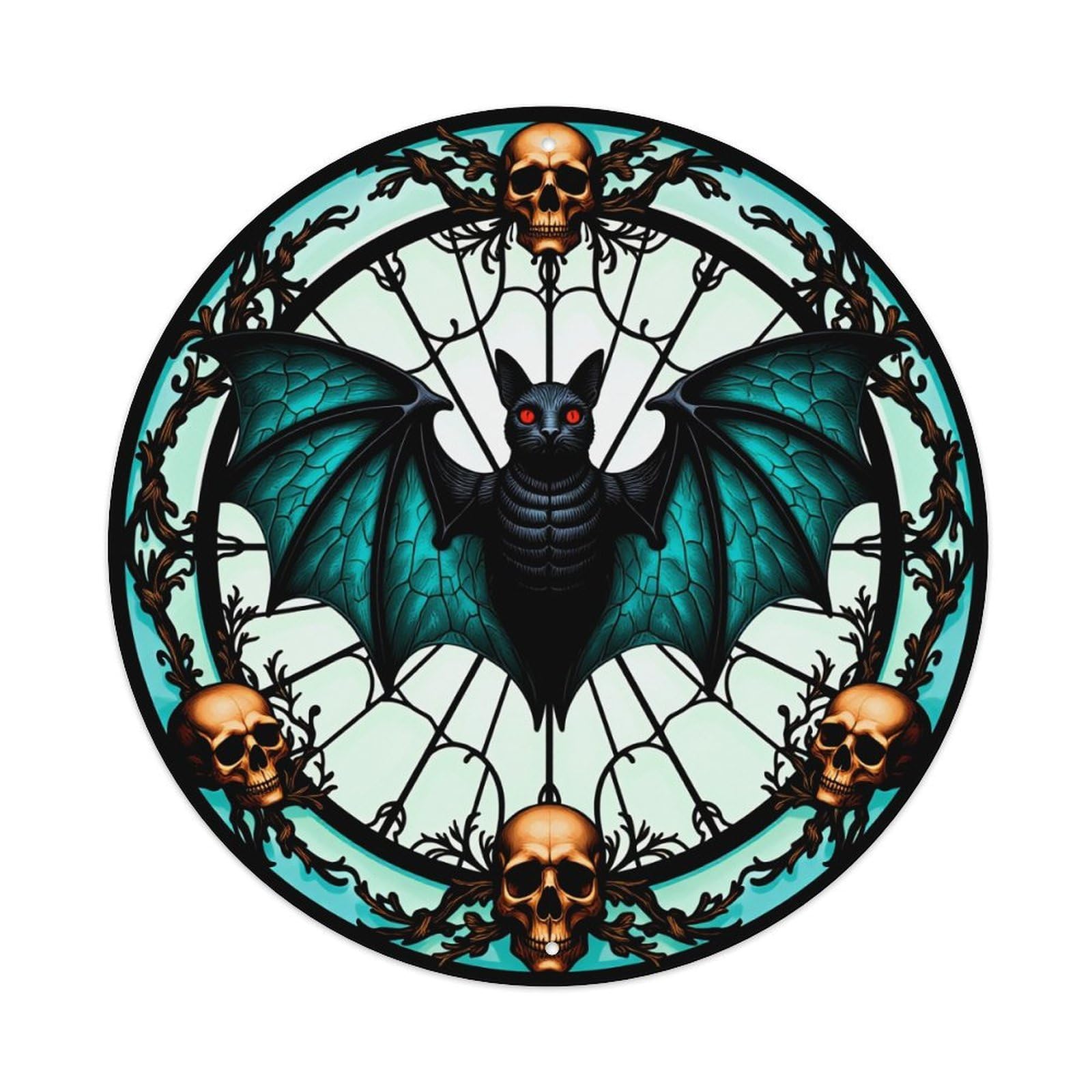 Bat Skulls Web Vines Stained Round Tin Sign Retro Metal Sign for Cafe Bar Pub Home Game Room Gym Club Wall Decoration Vintage Metal Poster 8x8 Inch
