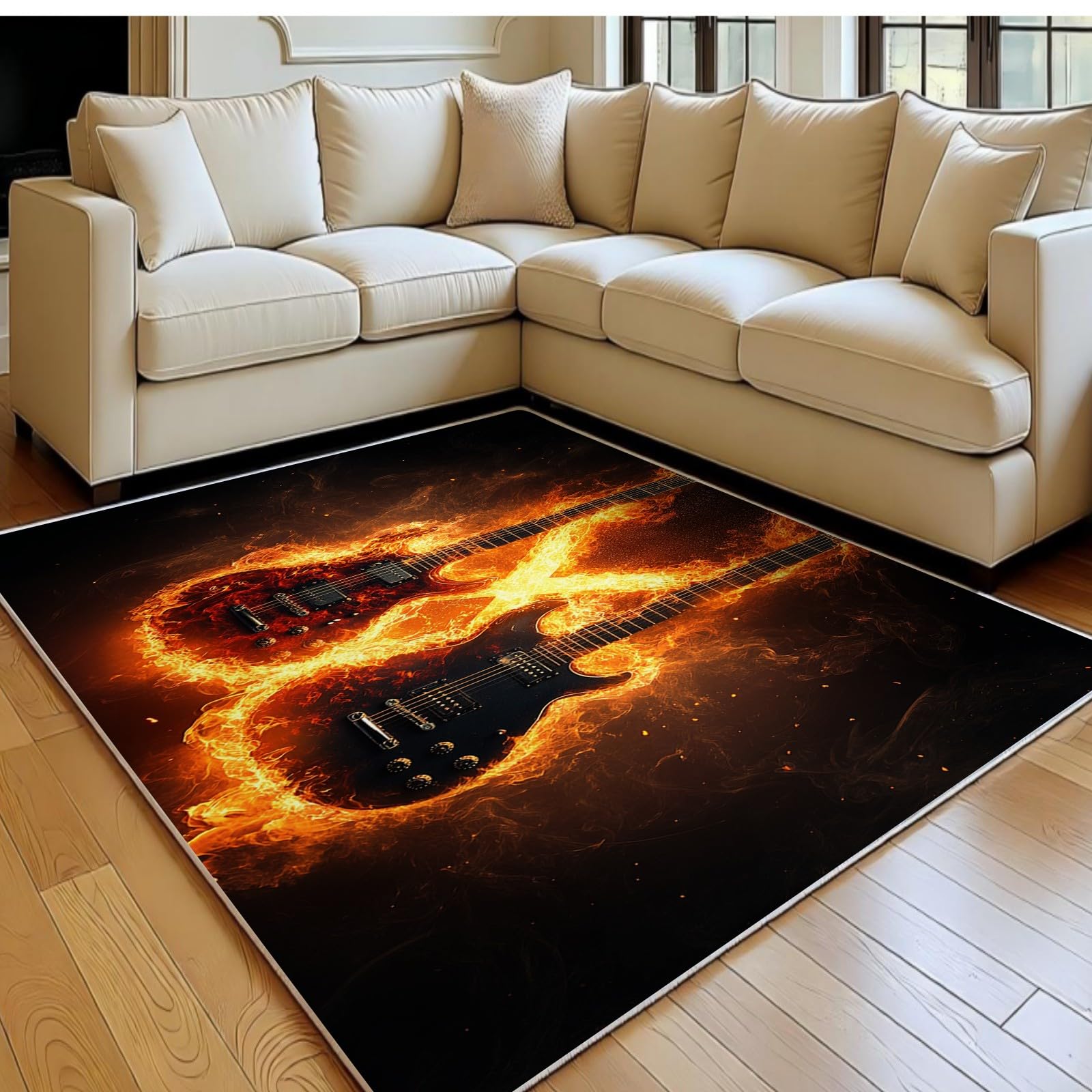 Tapis guitare électrique orange pour salon et chambre d'ado rock