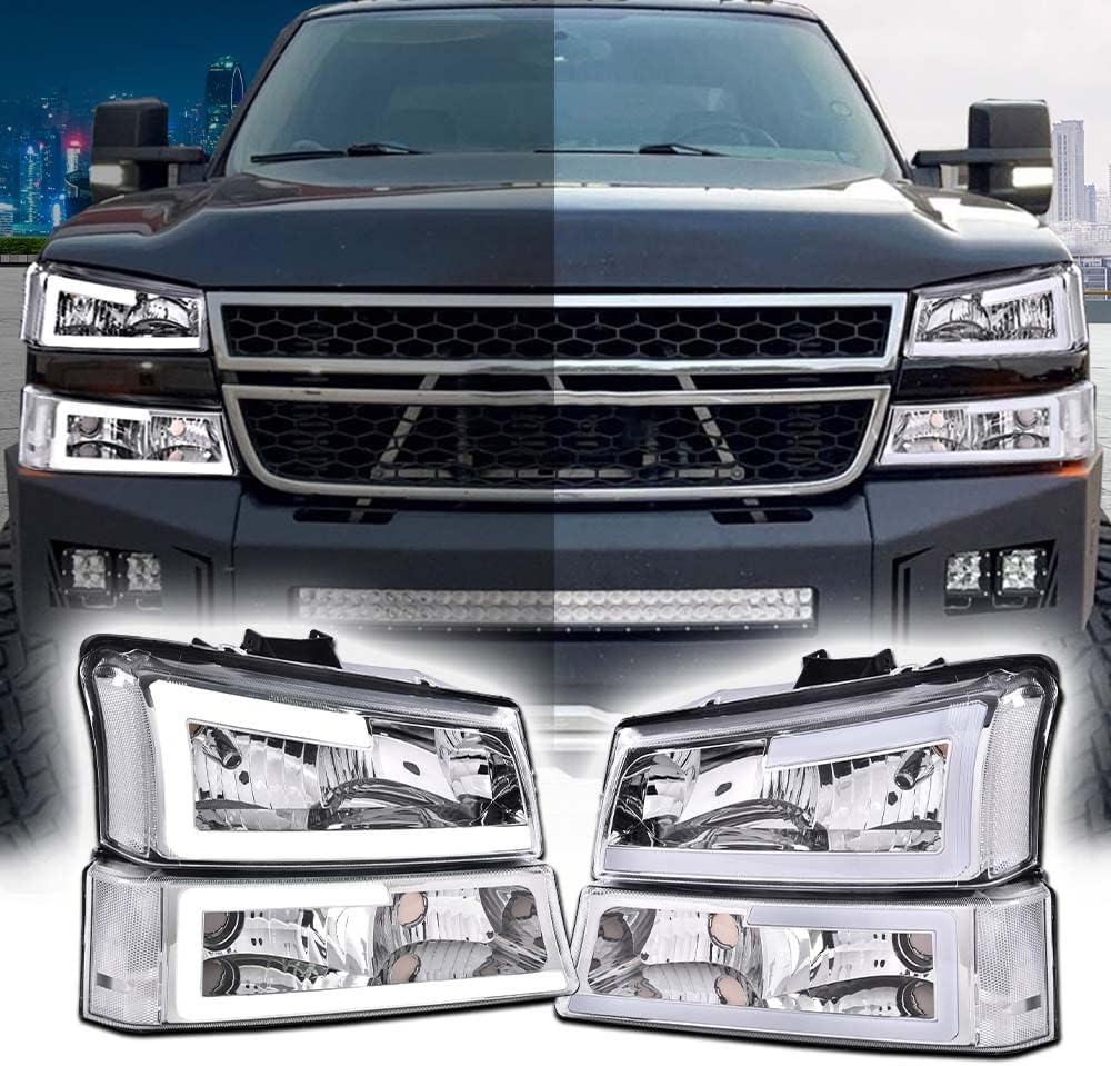 G-PLUS LED Headlights FitChevy Avalanche/Silverado 1500 2500 HD 3500 2003-2006/Fit Silverado 1500 2500 3500 Classic 2007,Headlamps Clear Lens Chrome Housing Clear Reflector,faros delanteros