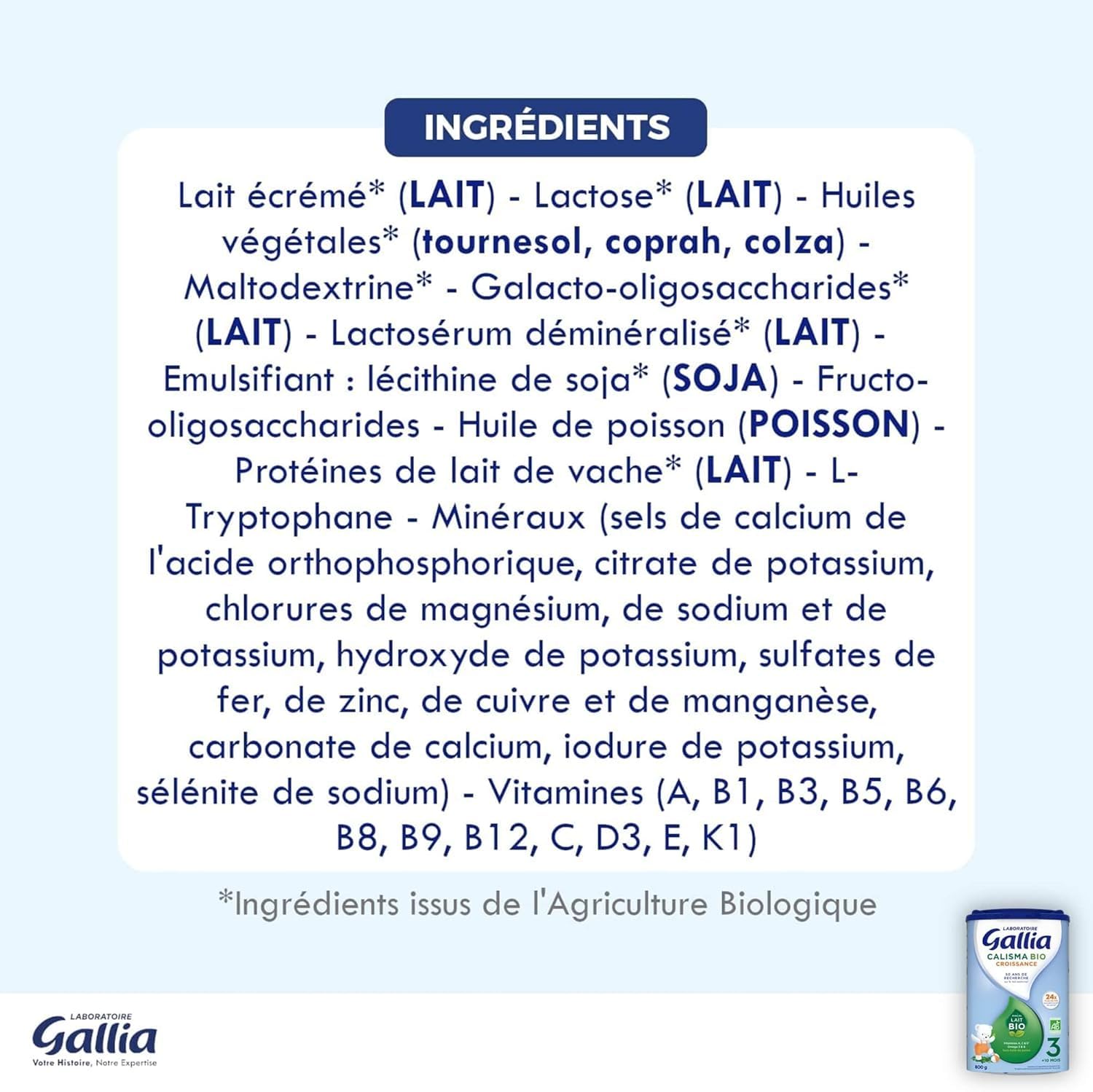 Laboratoire Gallia - Calisma 3 BIO Croissance - Lait Bébé 3ème âge - Lait Infantile Bio de 10 à 36 mois - en Poudre - Sans Huile de Palme - Lot de 3x800g