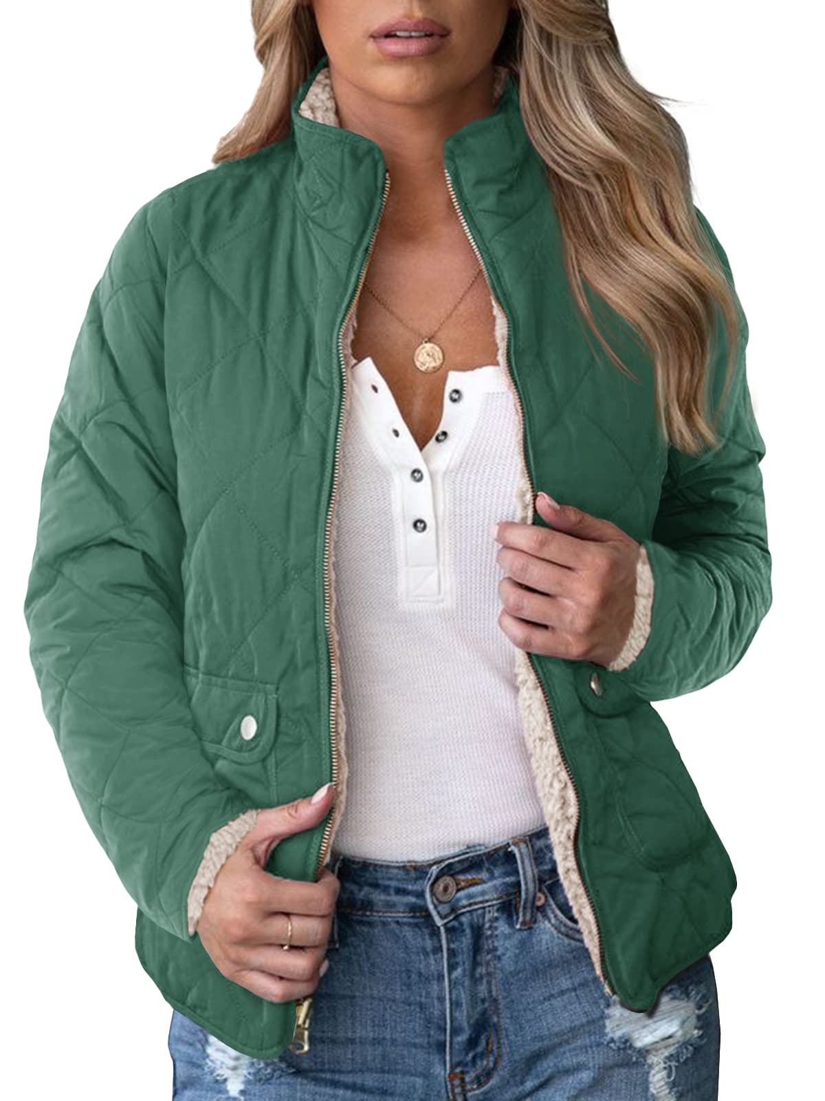 Womens's Reversible Coat Long Sleeve Quilted Sherpa Fleece Jackets Petite Outerwear