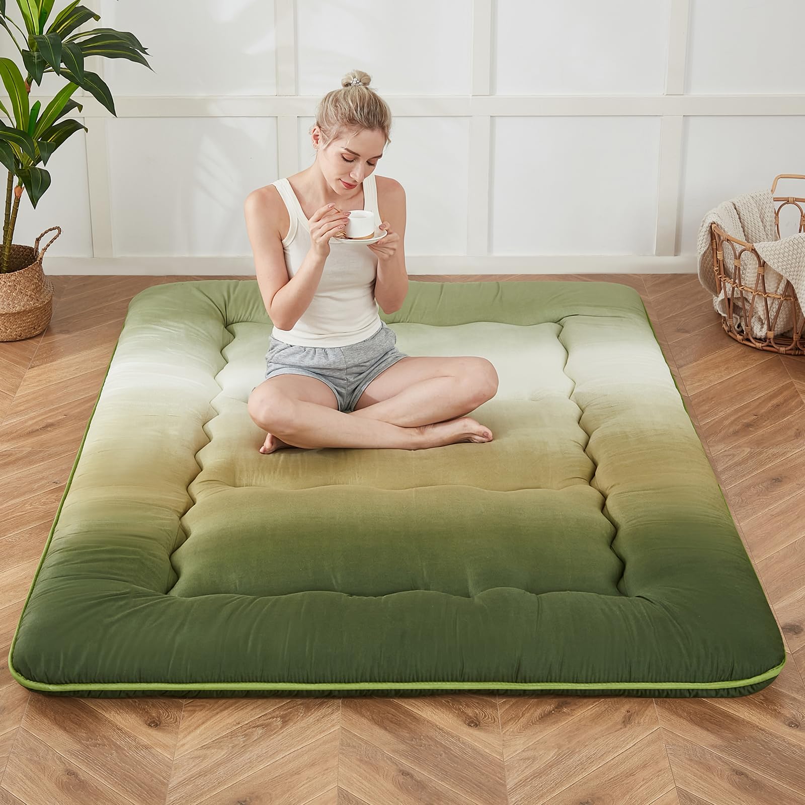 Zelladorra Japanese Floor Mattress, Futon Mattress with Portable Storage Bag and Washable Cover, Roll Up Thick Tatami Mat Suitable for Camping, Guest Room (Forest Gradient, Full)