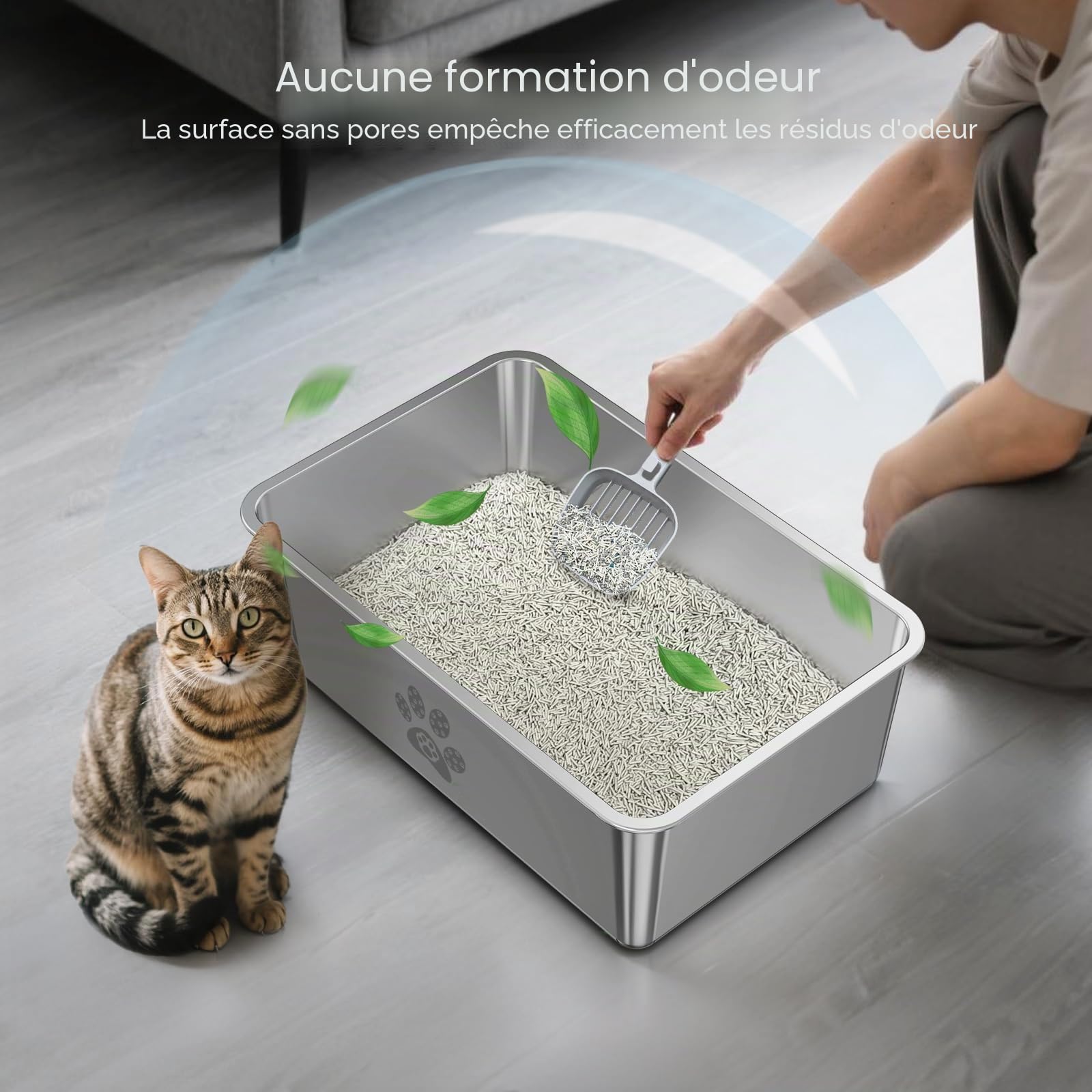 PTLOM Bac Litiere pour Chat Inox Acier Inoxydable Alimentaire: Bac à Litière Chat Entrée Basse Chats âgés, Bords Arrondis – Antirouille, Antiadhésif Convient aux Foyers avec Plusieurs Chats 60x40x20cm