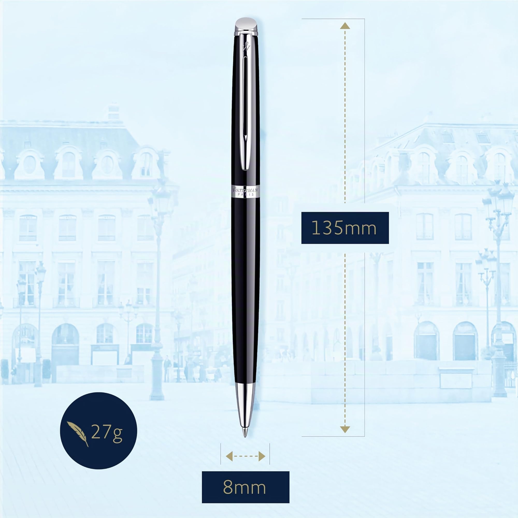 Waterman Hémisphère penna a sfera | nero lucido con finiture cromate | punta media con cartuccia di inchiostro blu | confezione regalo