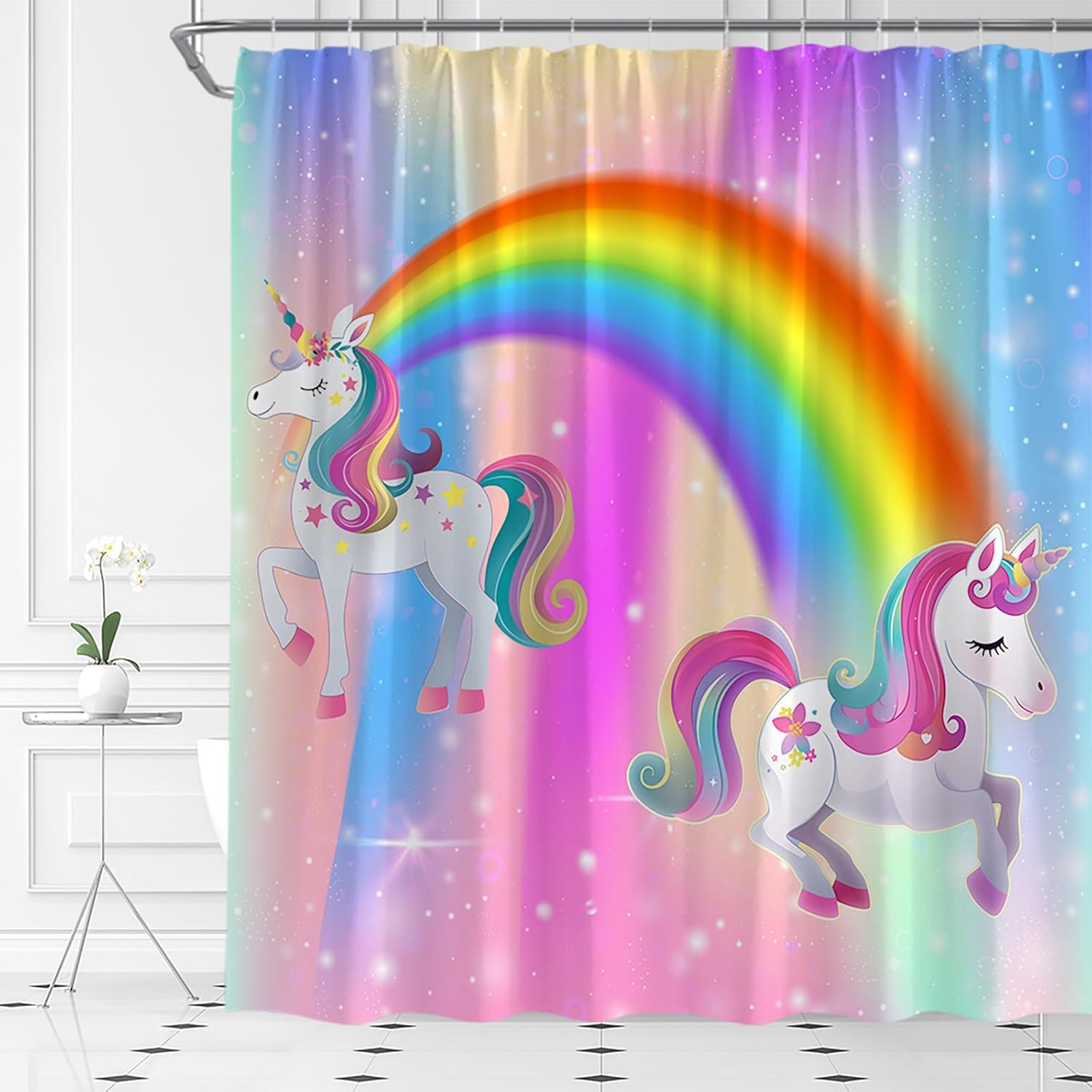 Unicorn Shower Curtain Funny Rainbow Pink Purple Creative Girls Fantasy Cartoon Fabric Bathroom Decor Set with Hooks,(84" Wx70 H)