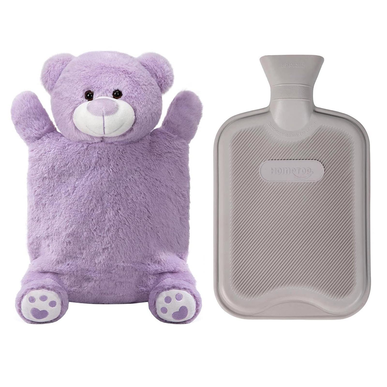 HomeTop Borsa dell'acqua calda o fredda in gomma di alta qualità con simpatico orsetto imbottito (2 litri, viola lavanda)