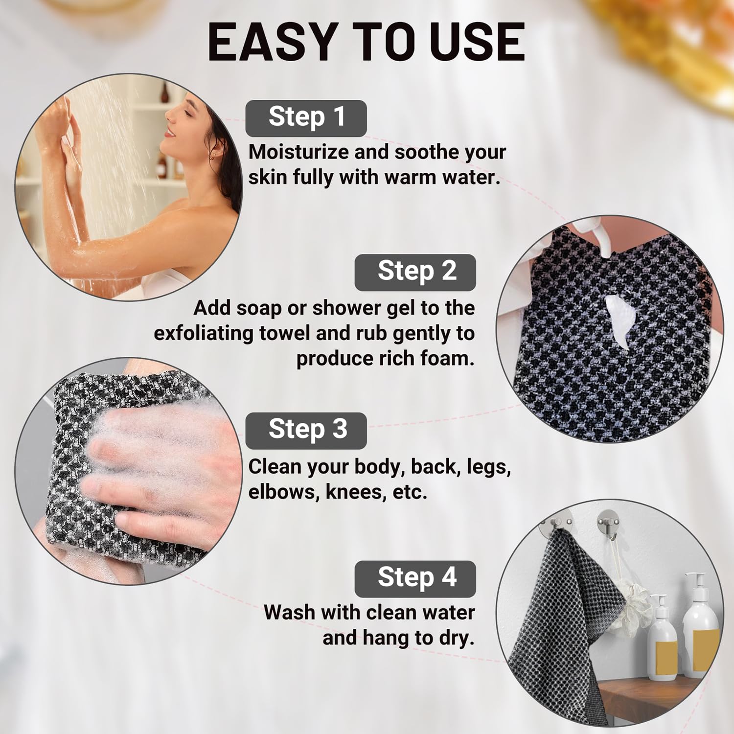 Lot de 3 Serviettes Exfoliantes, Serviette de Douche Antibactérienne Longue, Gommage du Corps pour Homme et Femme, Élimination des Peaux Mortes, Noir